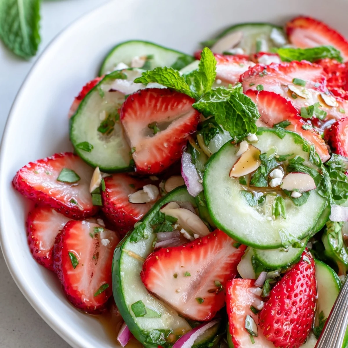 Cucumber Strawberry Salad Recipe with crisp cucumbers, juicy strawberries, fresh mint.
