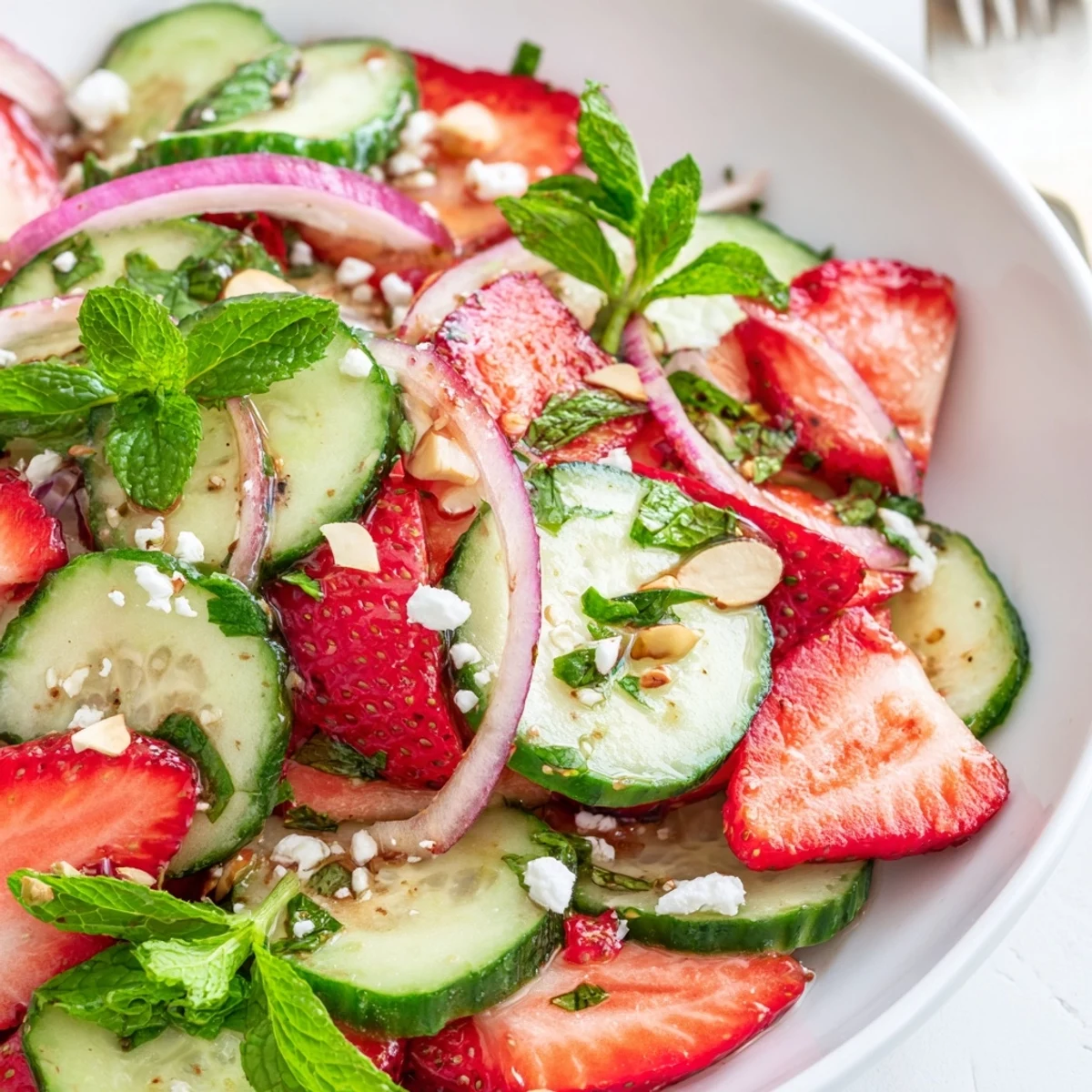Summer lunch-ready plate: Cucumber Strawberry Salad Recipe drizzled with honey-balsamic.