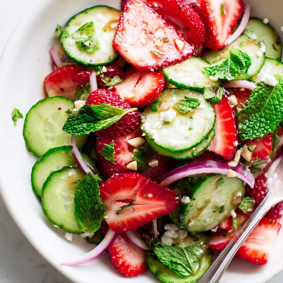 Bright bowl of cucumbers and berries in chilled Cucumber Strawberry Salad Recipe.