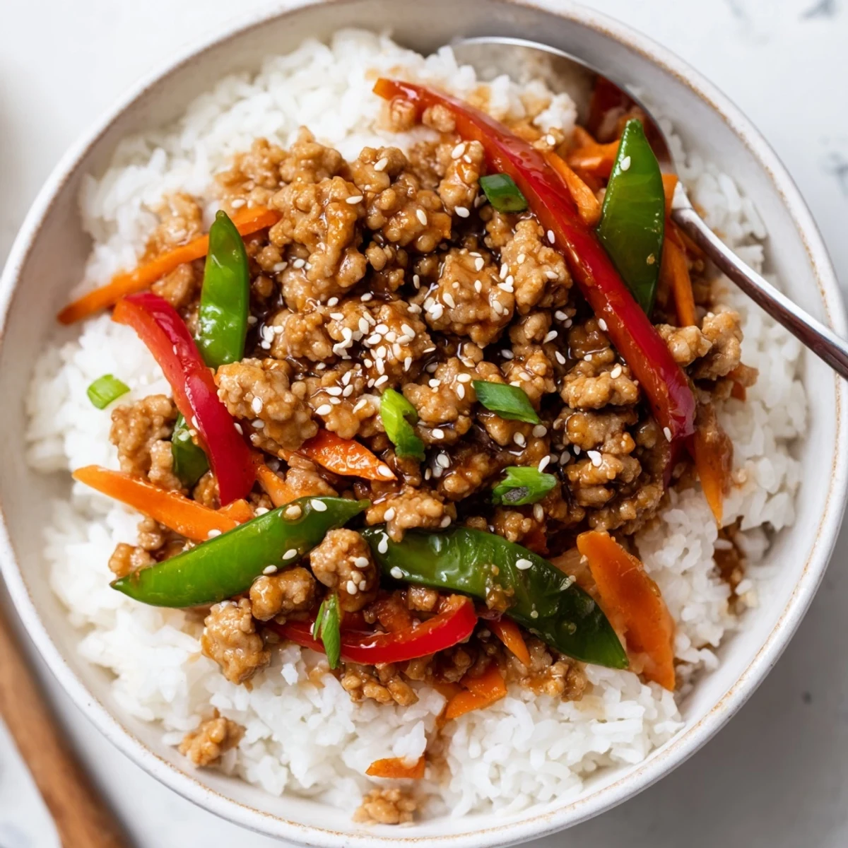 Teriyaki Turkey Rice Bowls steaming in ceramic bowls, glossy sauce, crisp vegetables.