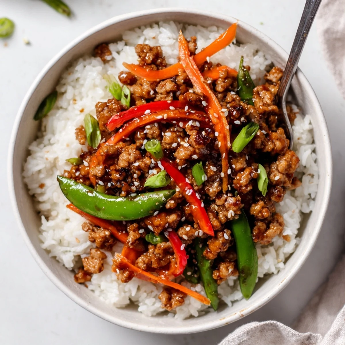 Aromatic Teriyaki Turkey Rice Bowls topped with sesame seeds and scallions.