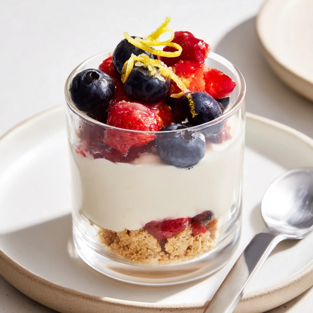 Mini Berry No Bake Cheesecakes on a biscuit base, creamy and tangy