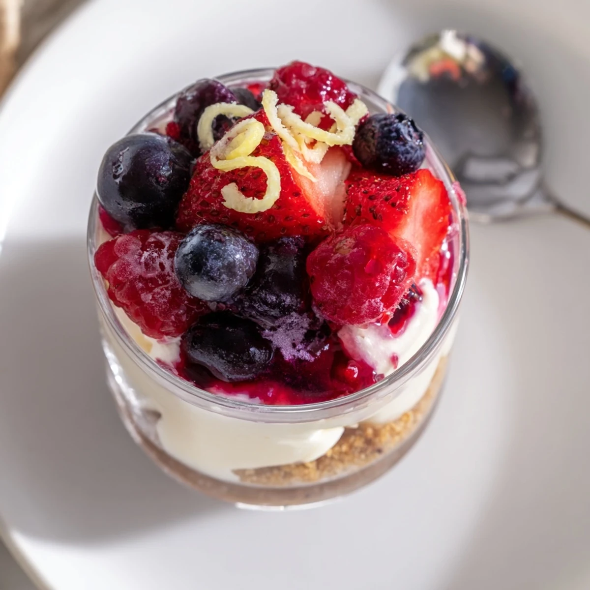 Berry No Bake Cheesecakes layered with glossy mixed berries, chilled in glasses