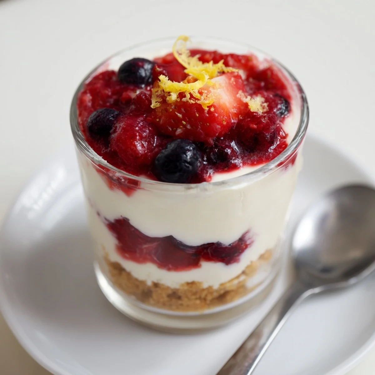 Spoon-ready Berry No Bake Cheesecakes topped with juicy compote and lemon zest