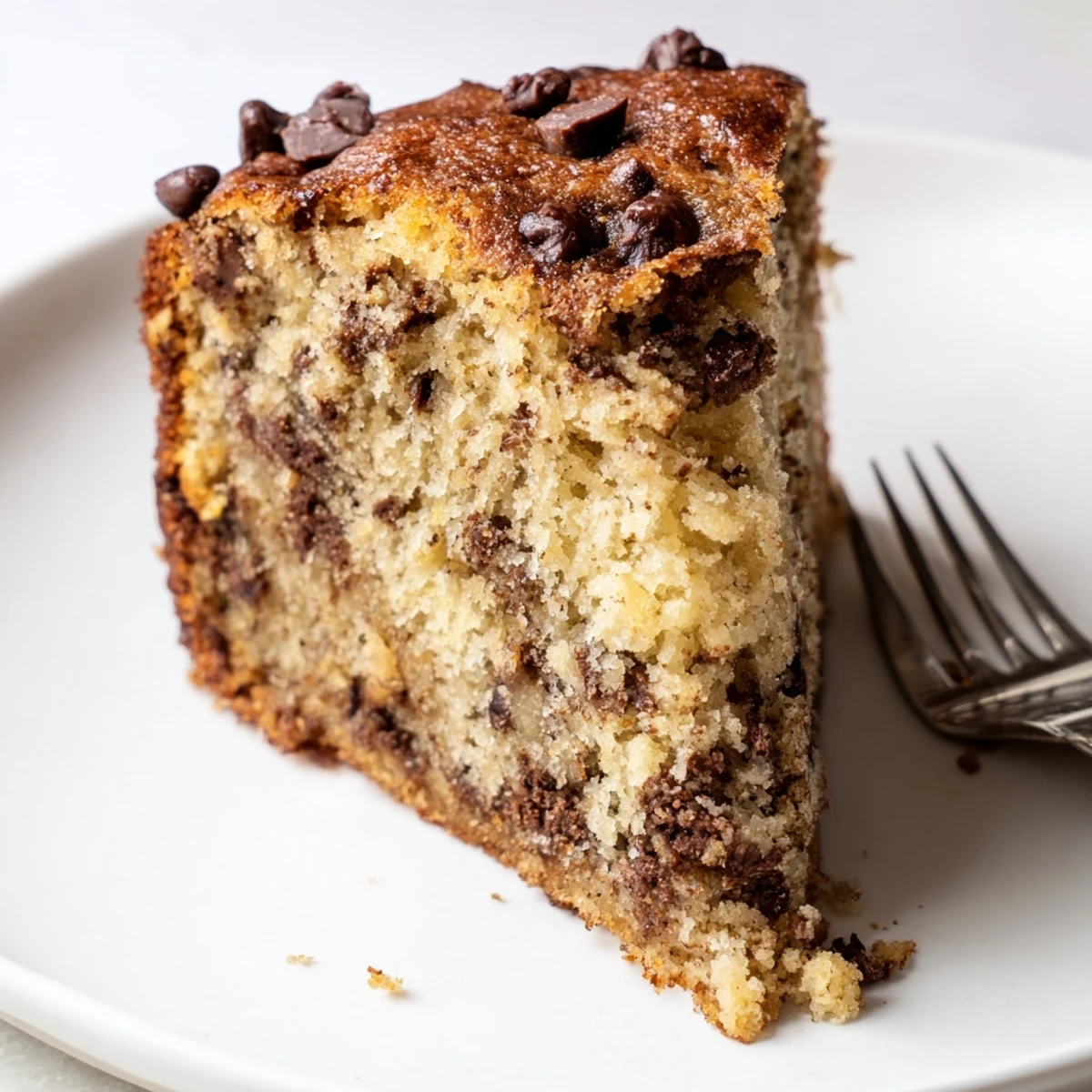 Warm Banana Chocolate Chip Cake Recipe with melty chips and banana aroma