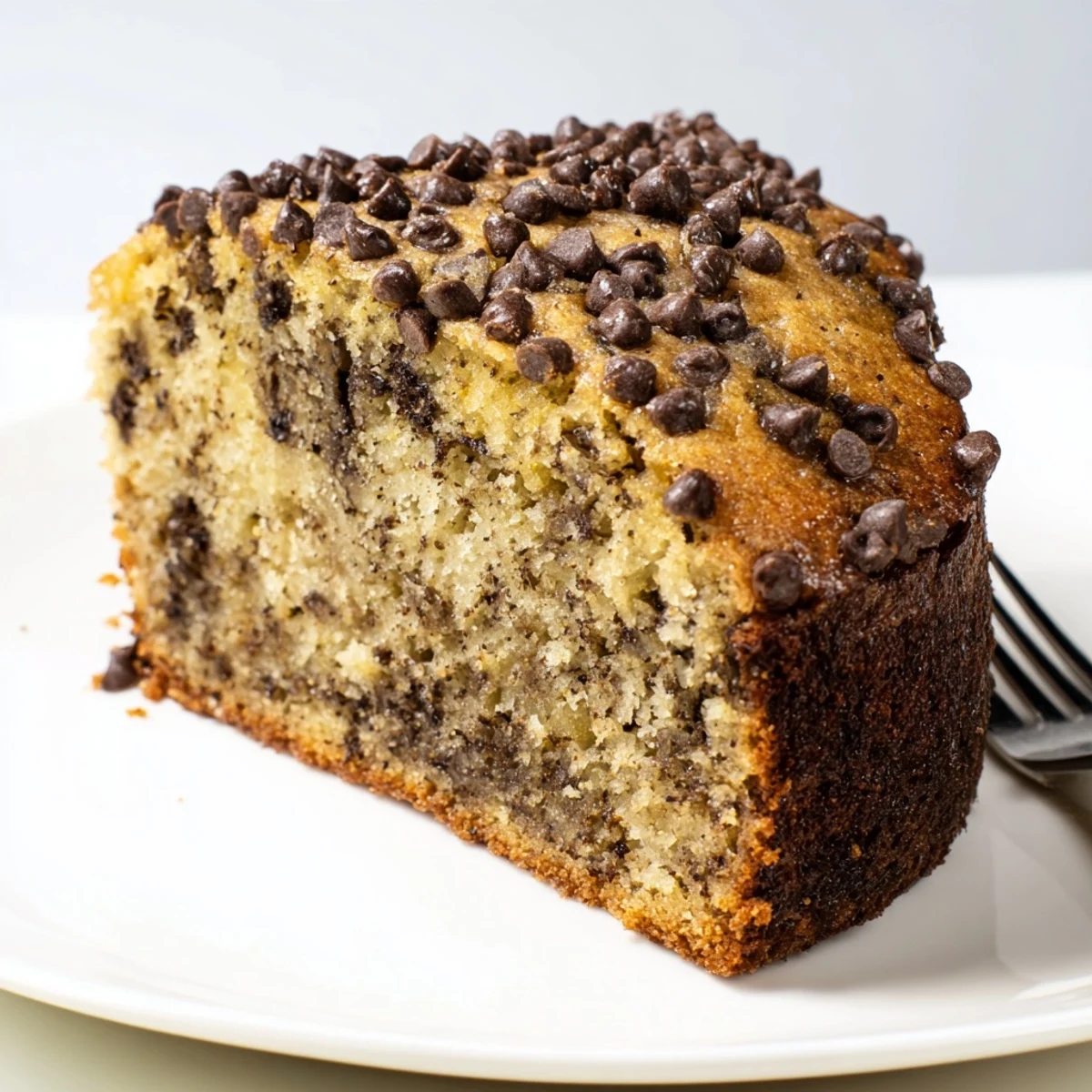 Moist Banana Chocolate Chip Cake Recipe sliced, served with vanilla ice cream