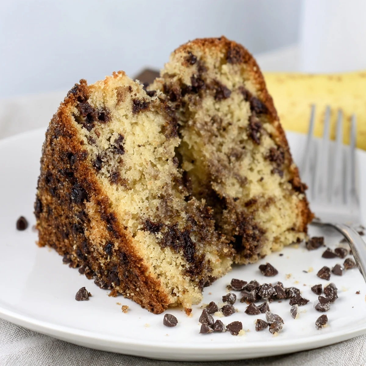 Homestyle Banana Chocolate Chip Cake Recipe cooling on wire rack, chocolate speckles