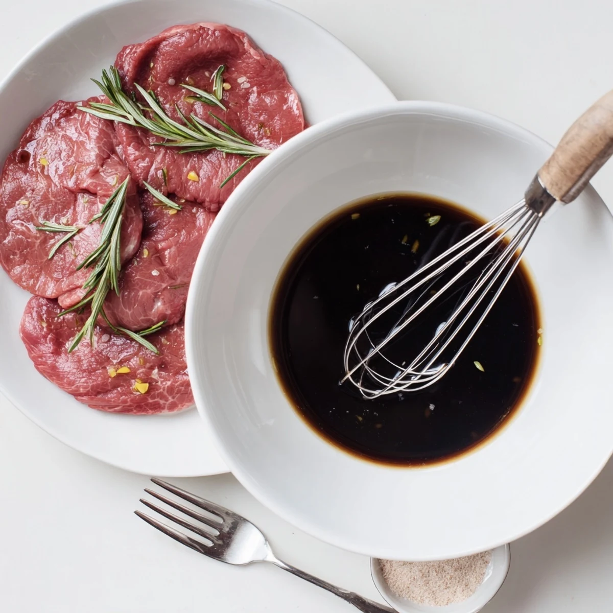 Glazed, garlicky Steak Marinade coating raw steaks, ready for backyard grilling