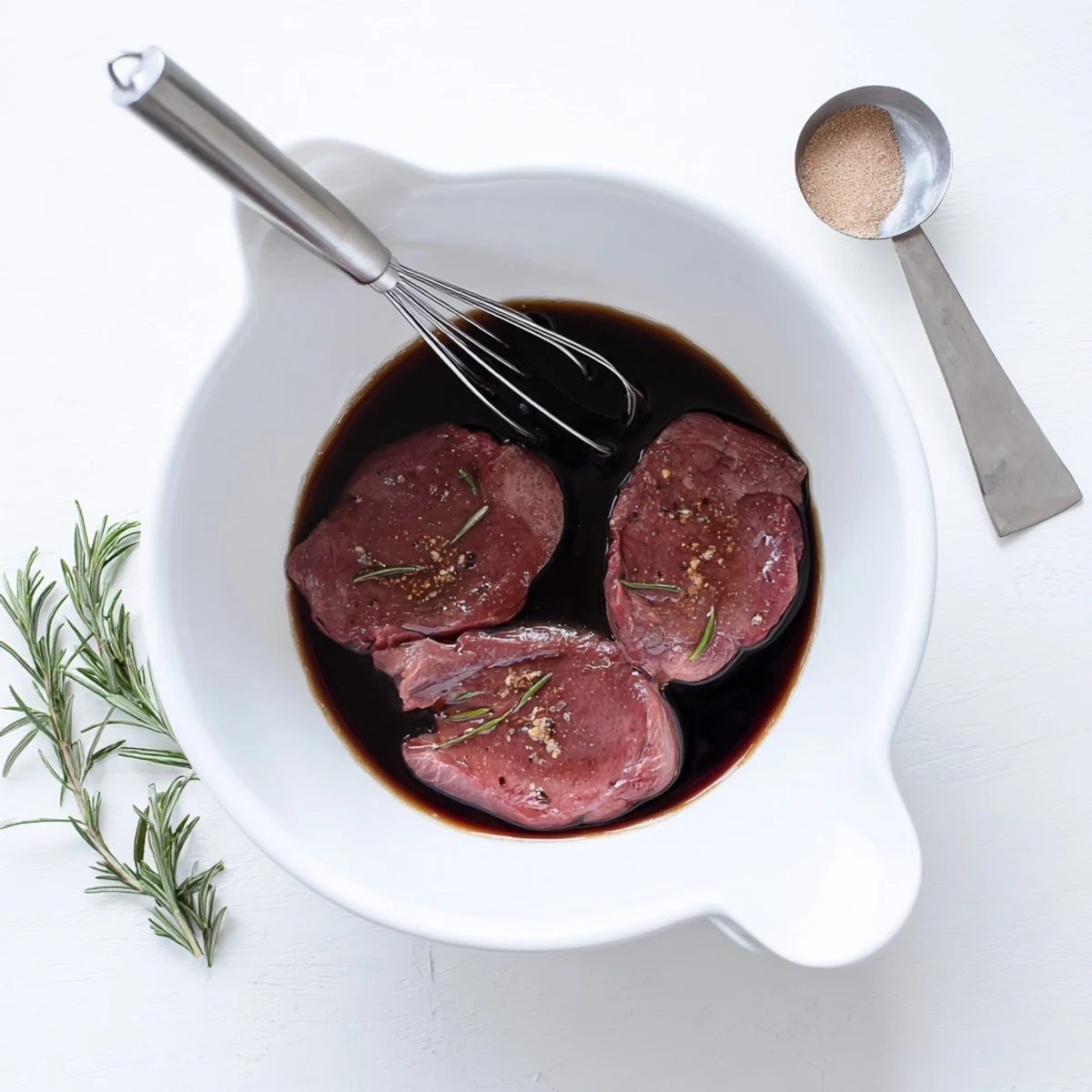 Citrusy, savory Steak Marinade in a bowl, whisked and aromatic