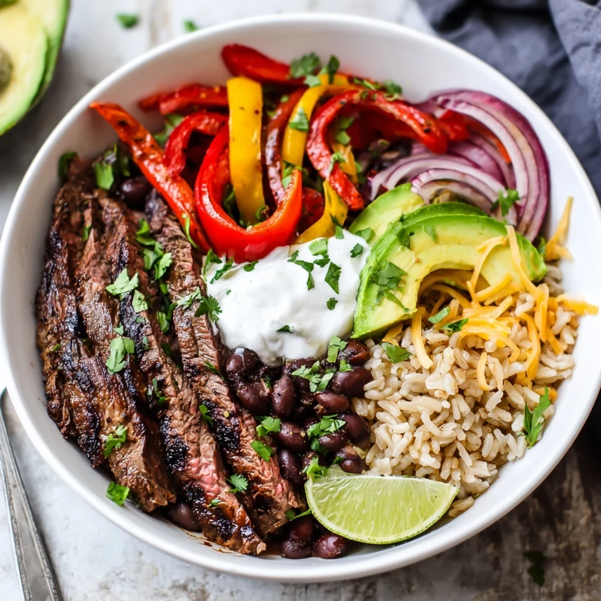 Steak Fajita Power Bowls with sizzling marinated steak, peppers, avocado slices