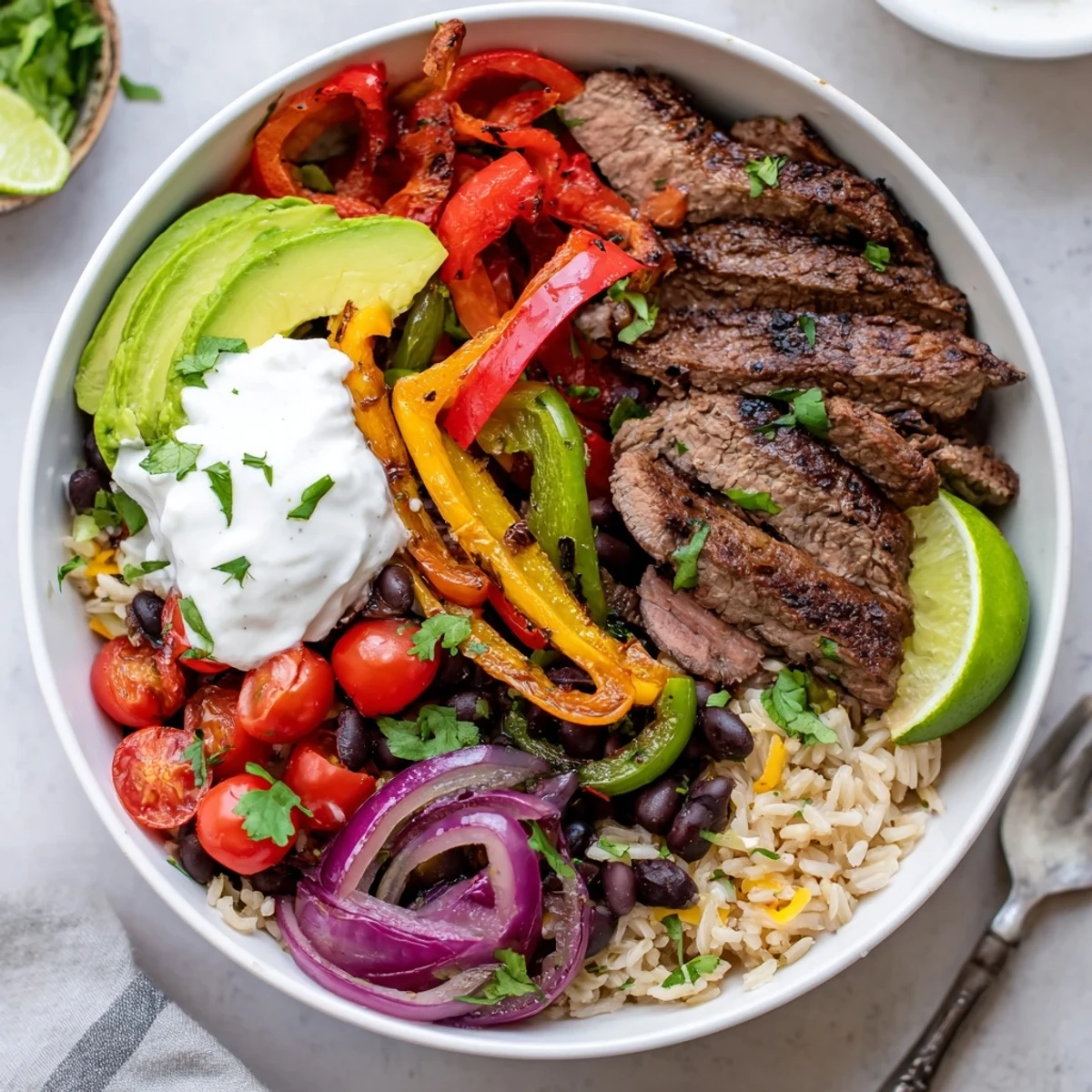 Colorful Steak Fajita Power Bowls served warm over brown rice with lime