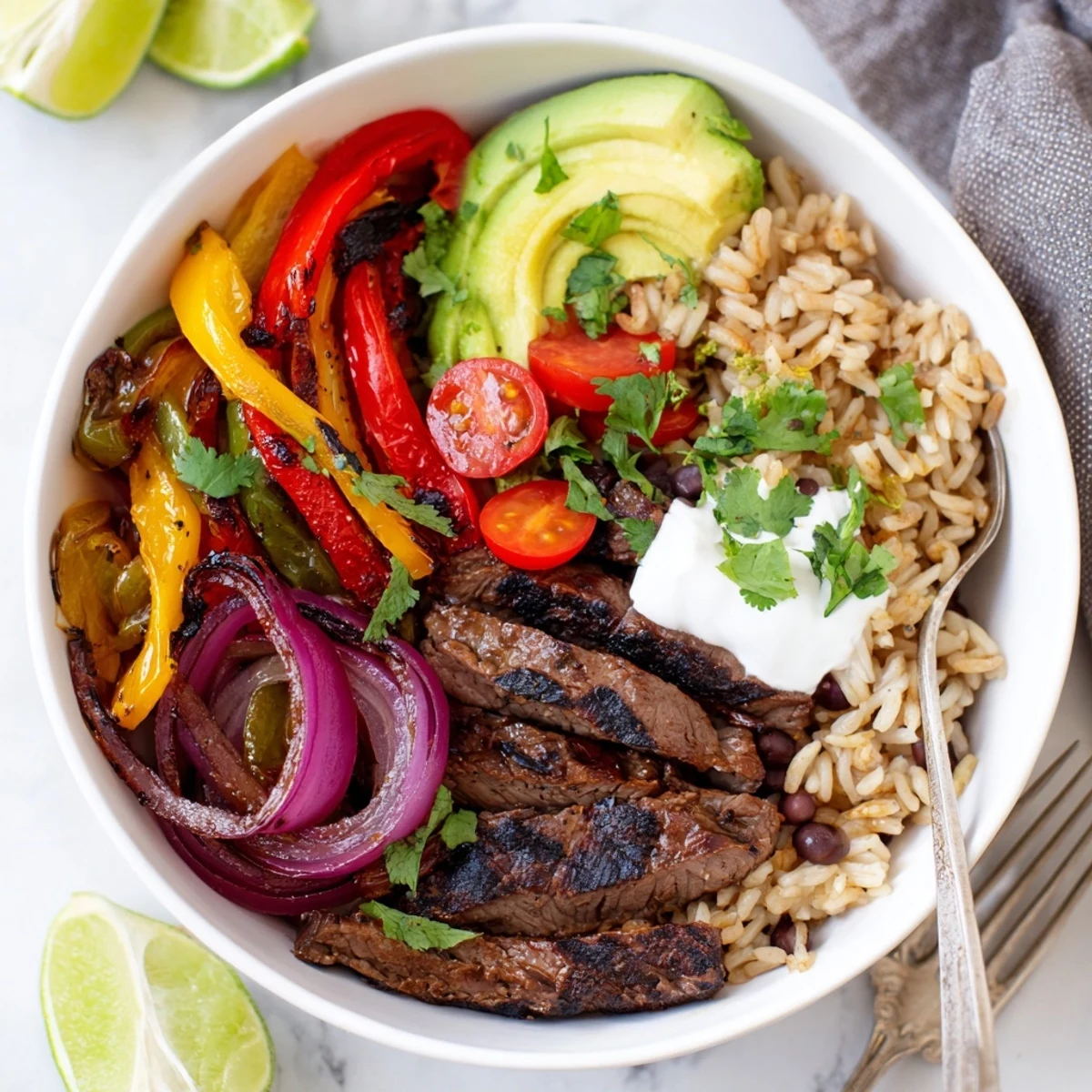Hearty Steak Fajita Power Bowls topped with melted cheddar, cilantro, lime wedge