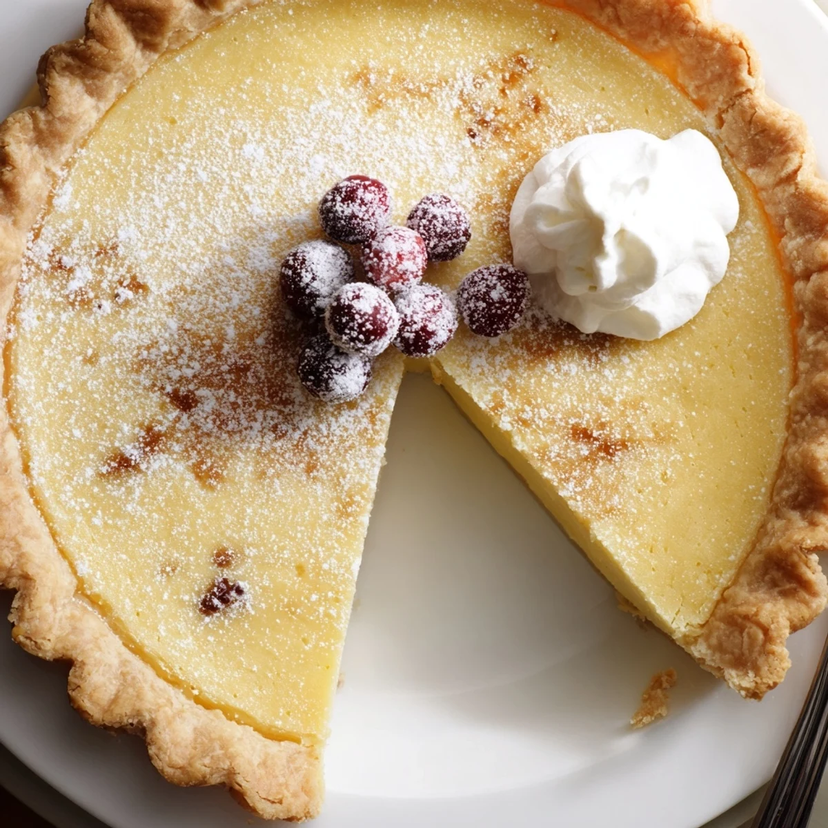 Warm Christmas Eve Custard Pie With Cinnamon Vanilla, silky filling topped with powdered sugar