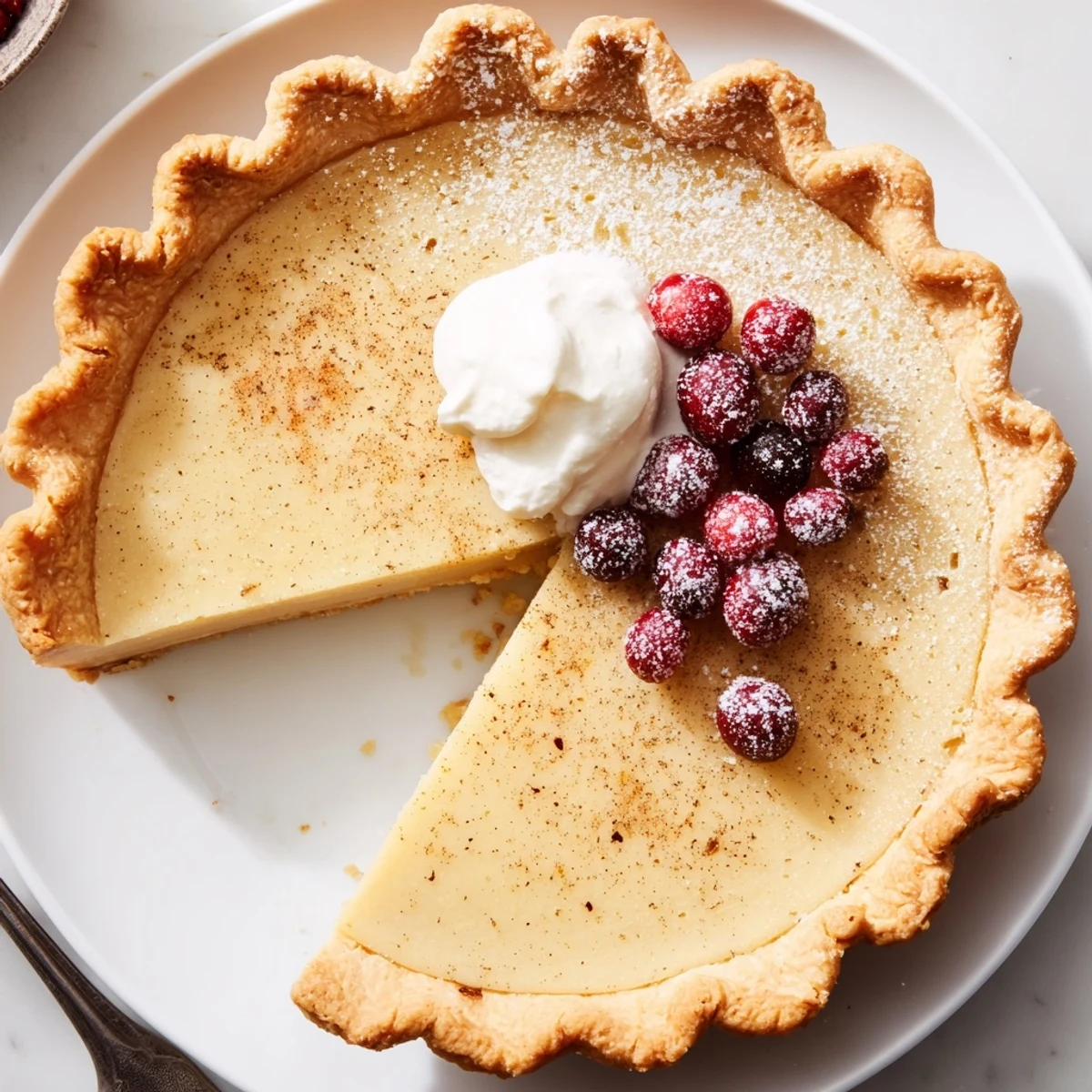Slices of Christmas Eve Custard Pie With Cinnamon Vanilla on a wire rack, cooling