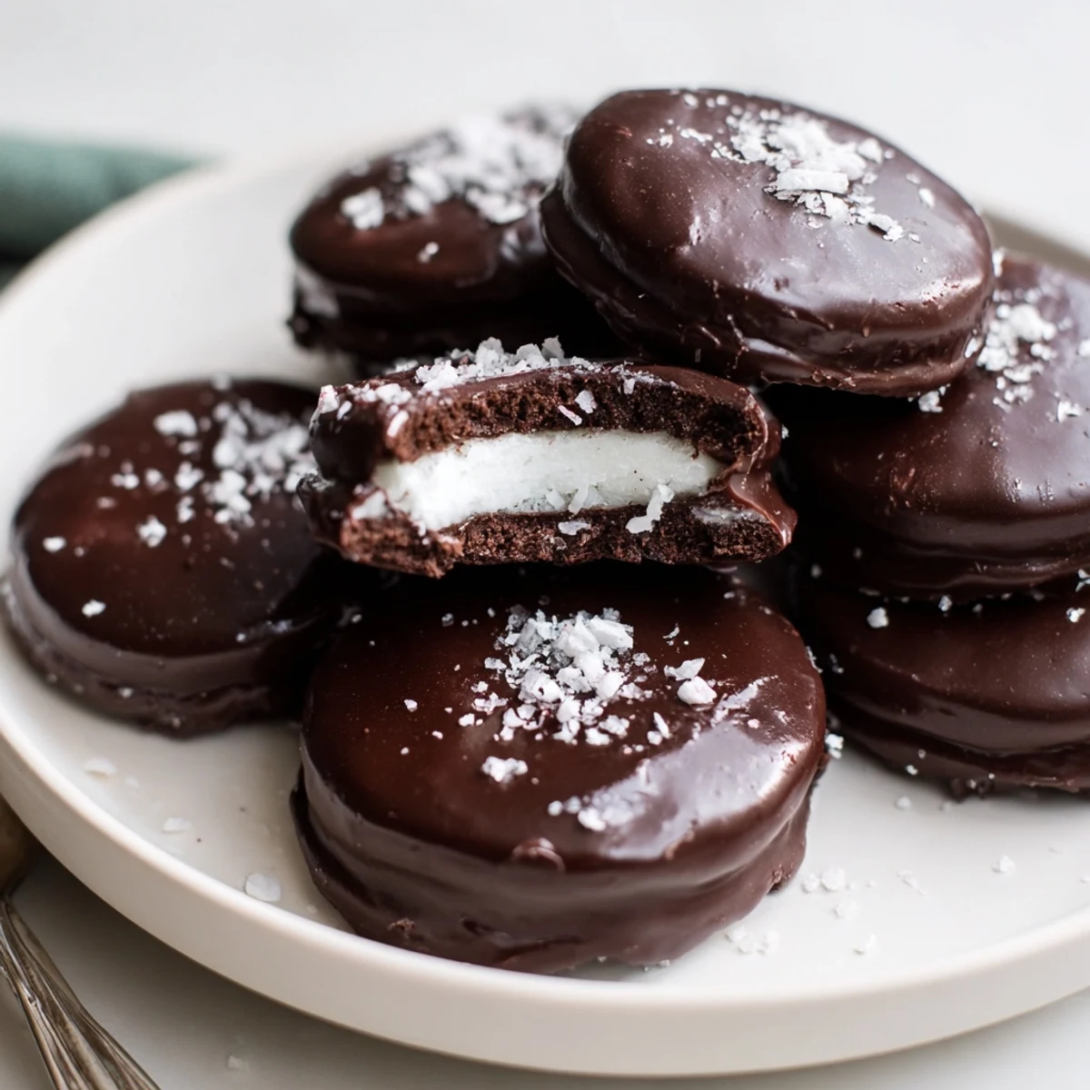 Fork-dipped Peppermint Patties resting on cooling rack, smooth mint center.