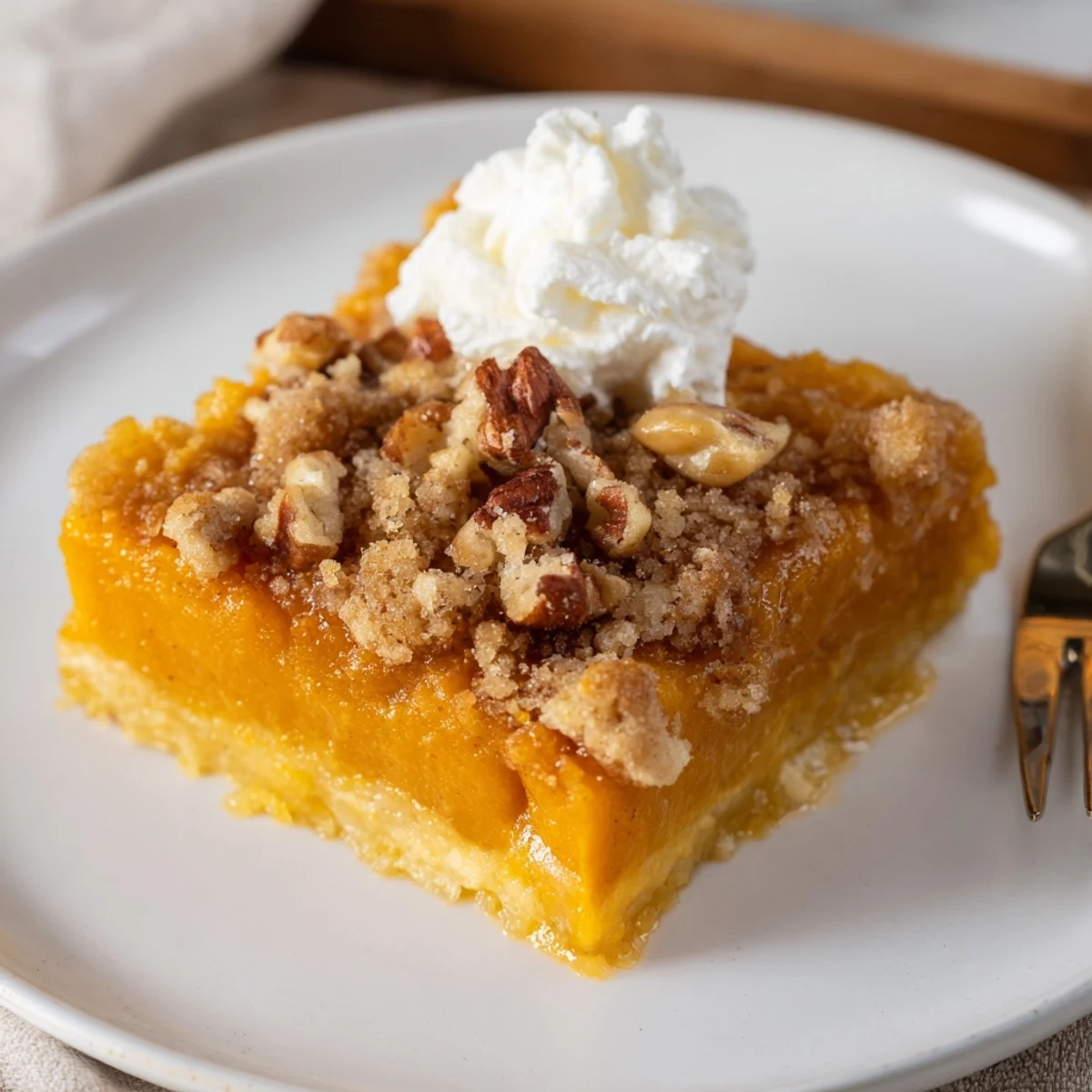 Pumpkin Dump Cake with golden pecan crumble, warm steam and vanilla ice cream
