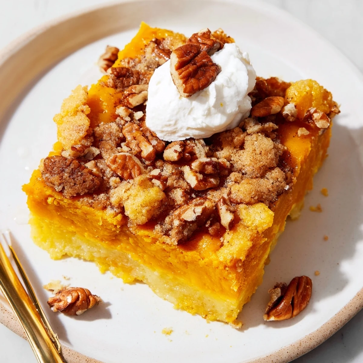 A baked Pumpkin Dump Cake sliced on a pan, spiced aroma rising