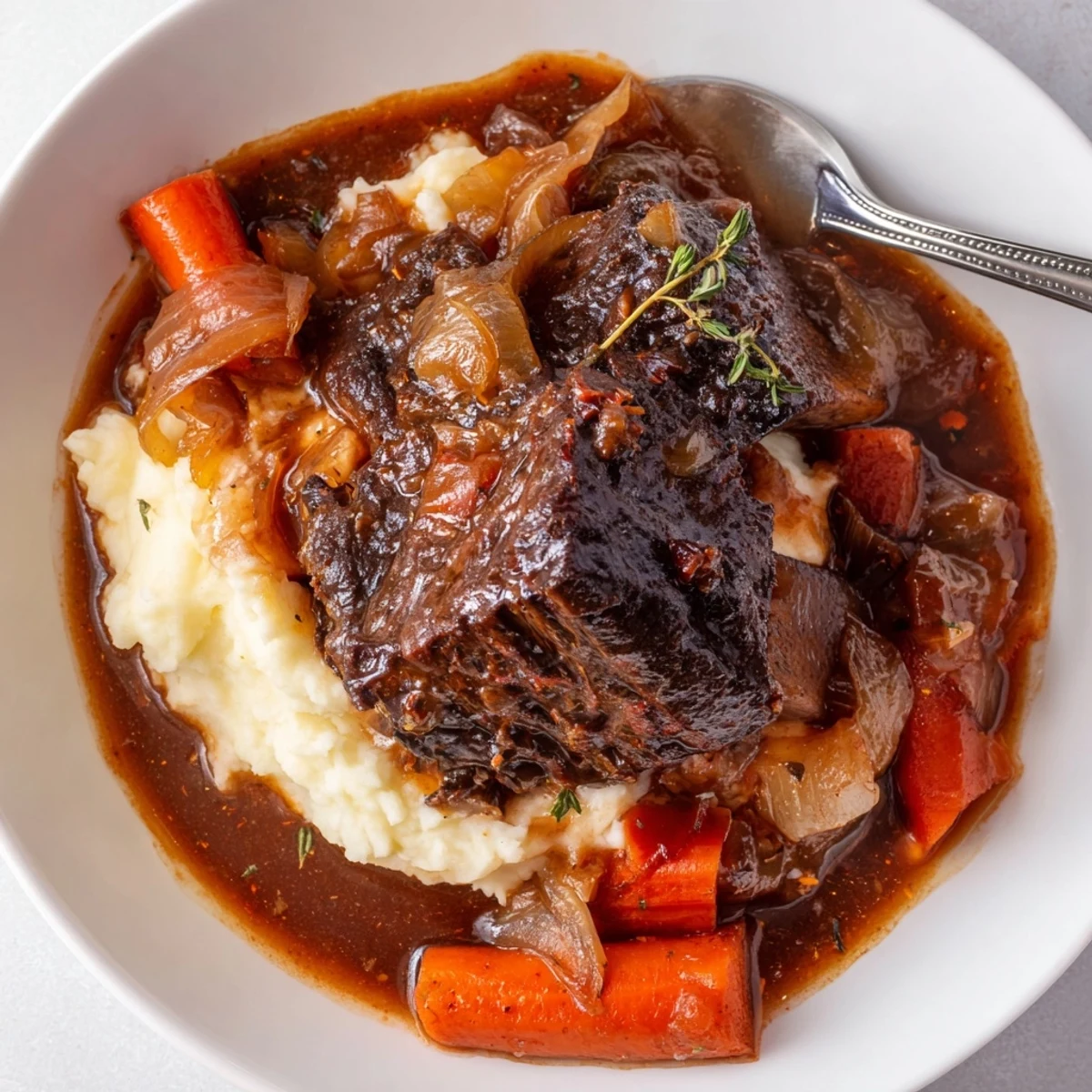 A bowl of Slow Cooker Beef Short Ribs, fall-off-the-bone, with carrots