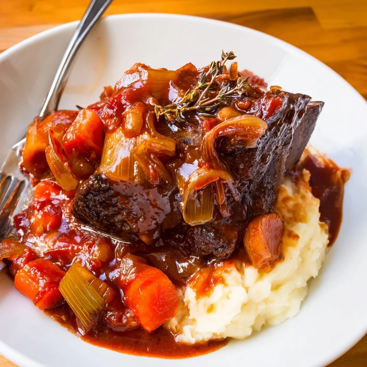 Slow Cooker Beef Short Ribs glistening in rich sauce over mashed potatoes