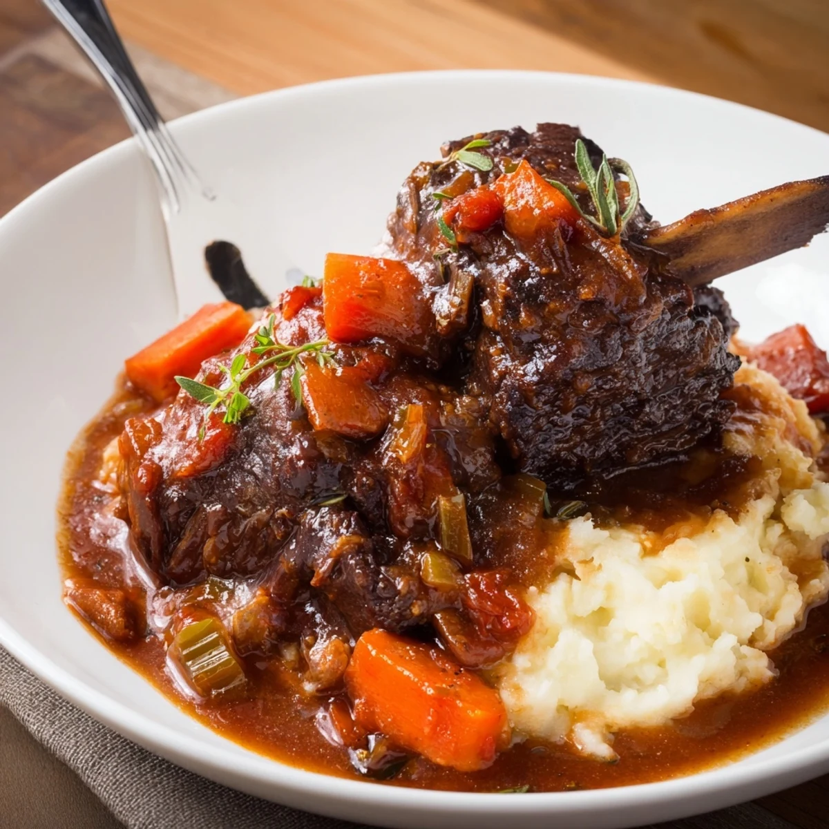 Hearty Slow Cooker Beef Short Ribs bathing in glossy red-wine sauce with bread