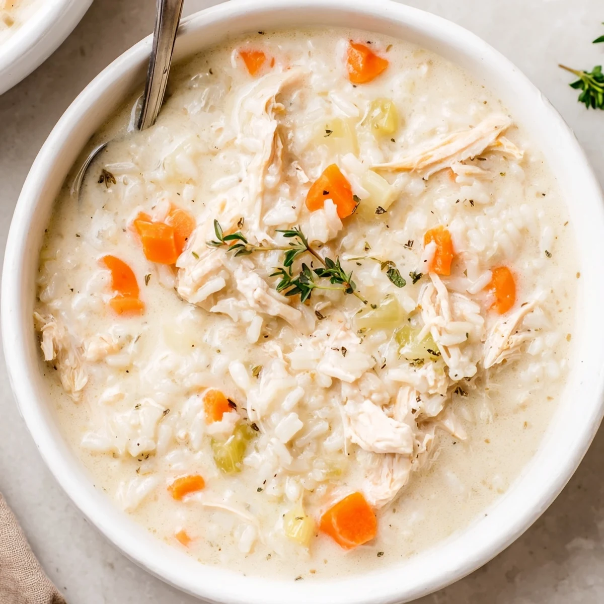 Creamy Chicken Rice Soup steaming in bowl, tender chicken and silky broth  