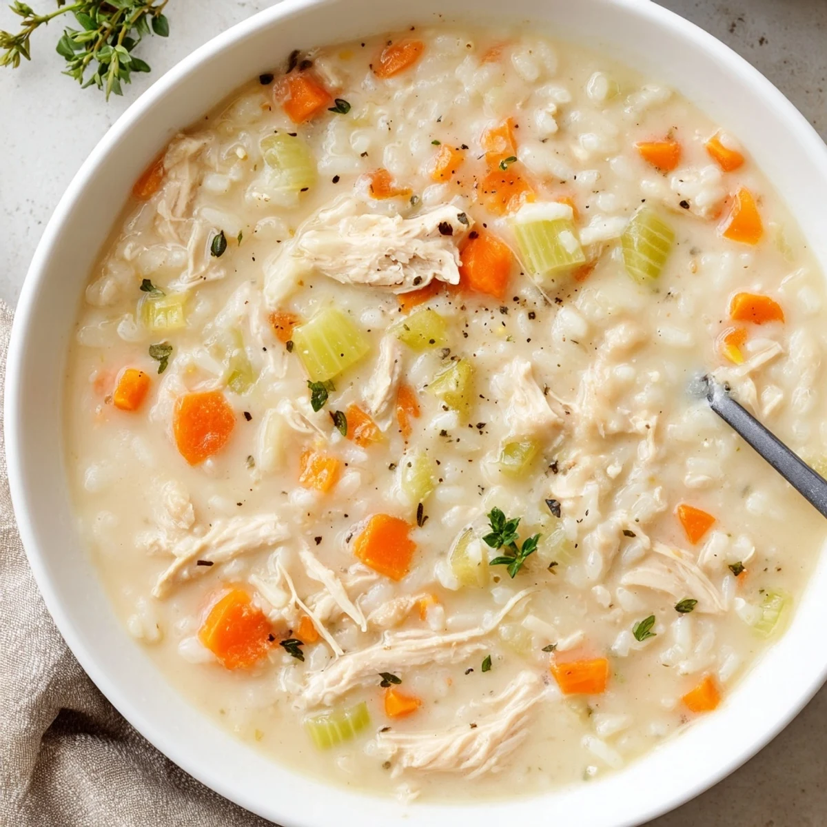 Warm Creamy Chicken Rice Soup with diced carrots, fresh parsley garnish  