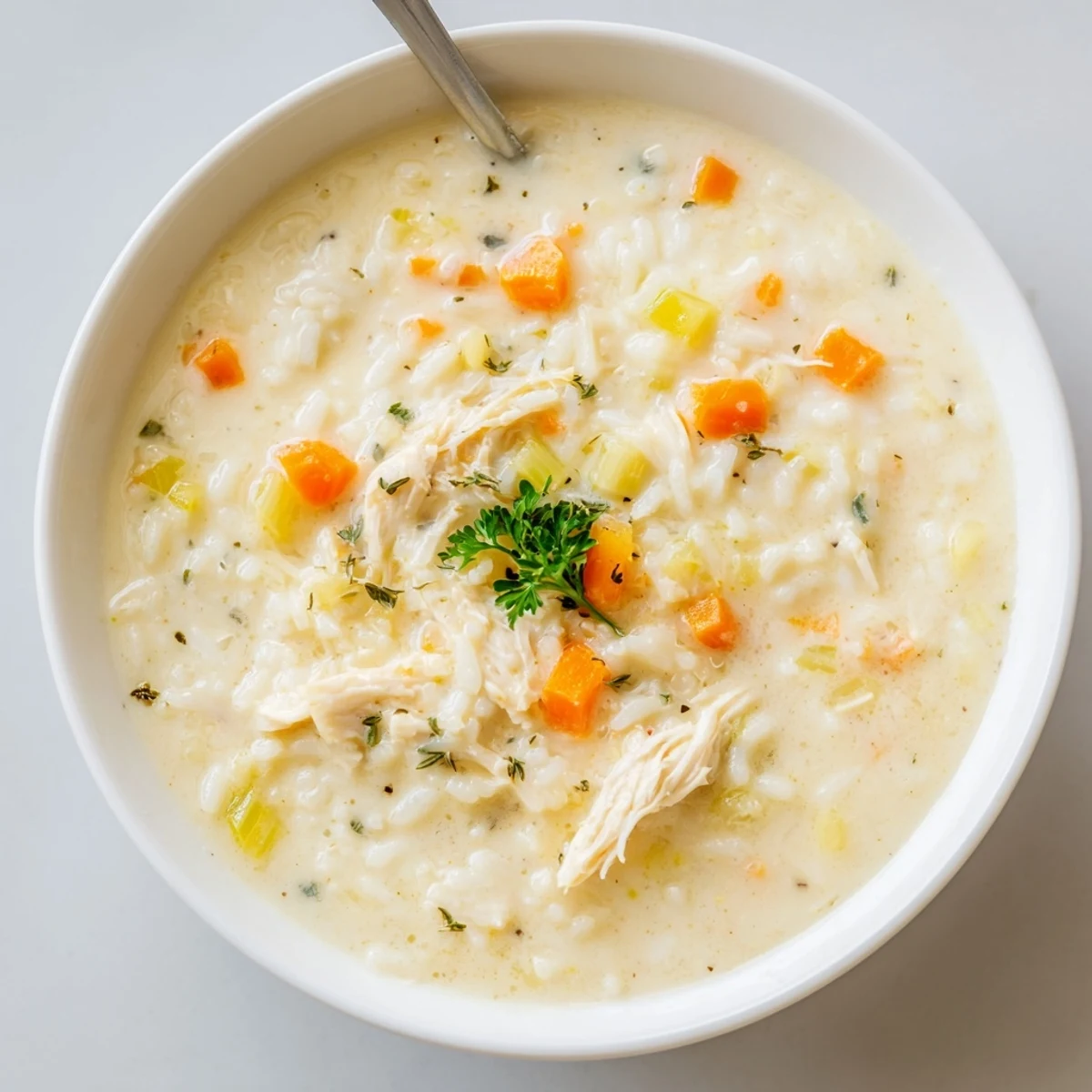 Bowl of Creamy Chicken Rice Soup paired with crusty bread for comfort