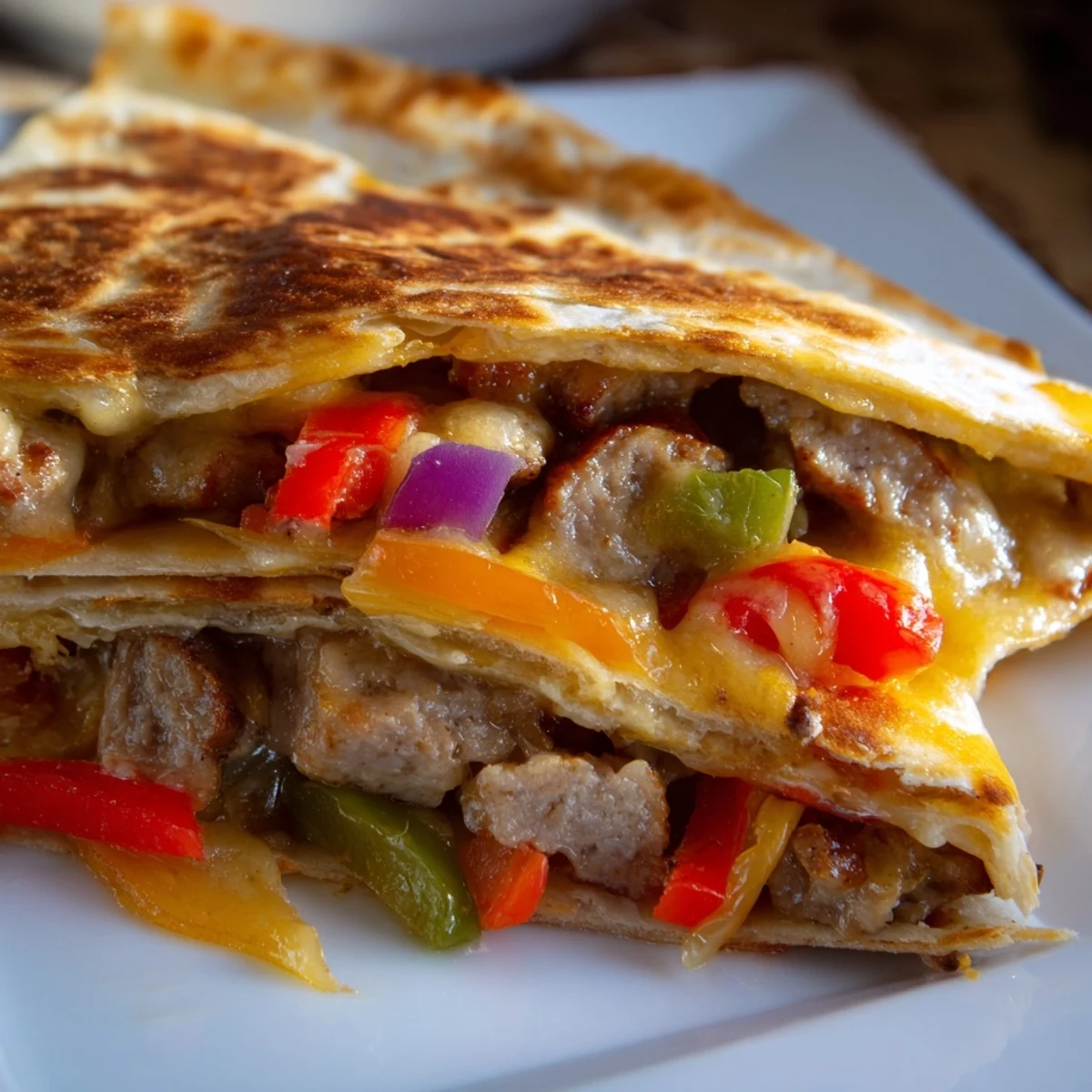 Golden brown Cajun beef sausage quesadillas sliced into wedges with melted Monterey Jack and cheddar cheese