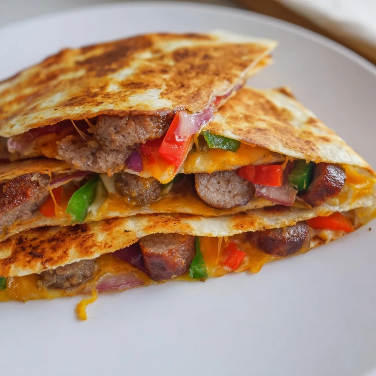 Crispy flour tortilla pressed with spicy Cajun beef sausage, colorful bell peppers, and plenty of melty cheese