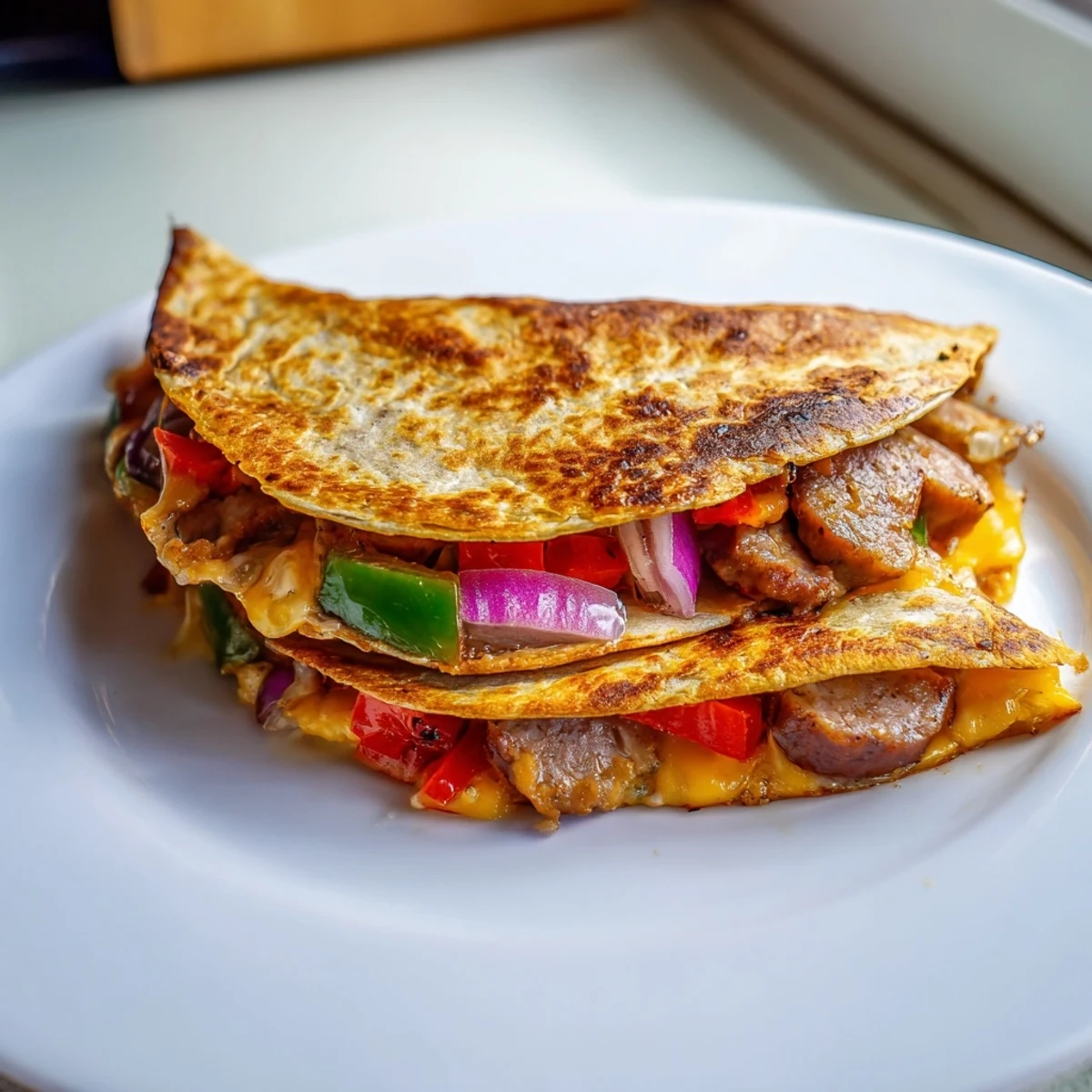 Sizzling skillet Cajun beef sausage quesadillas featuring diced peppers, onions, and gooey shredded cheese filling