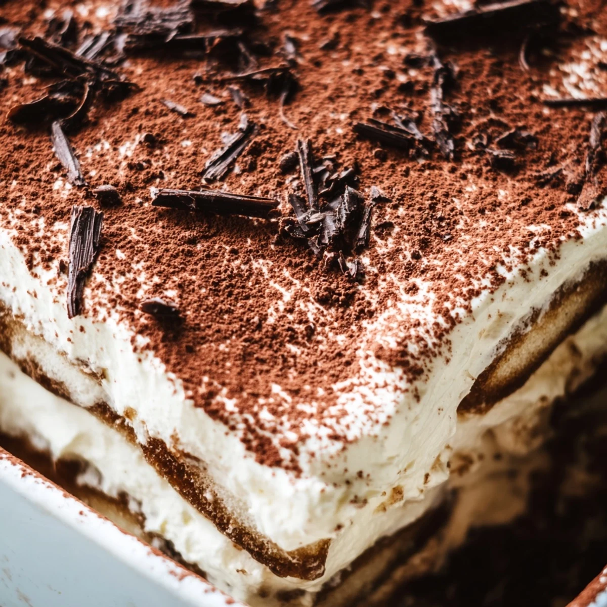 Golden tiramisu recipe featuring layers of espresso-soaked ladyfingers and velvety mascarpone cream dusted with dark cocoa powder