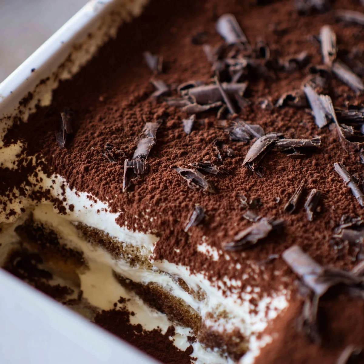 Classic Italian tiramisu recipe showing creamy mascarpone layers between coffee-dipped ladyfingers with a rich chocolate topping