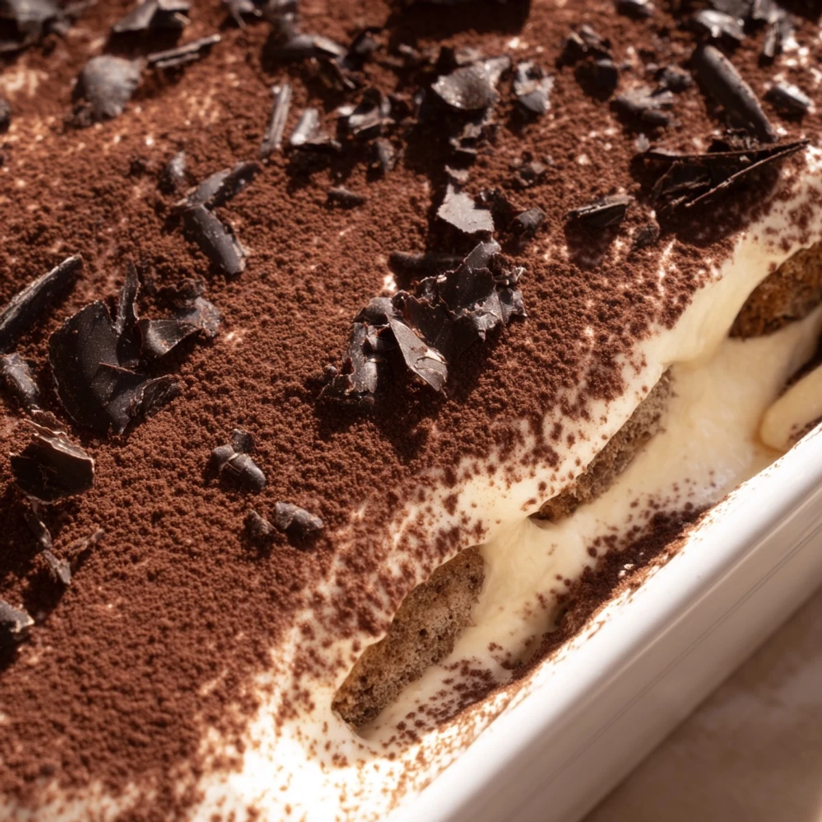 Elegant square tiramisu recipe with alternating coffee-soaked ladyfinger and mascarpone layers finished with cocoa powder