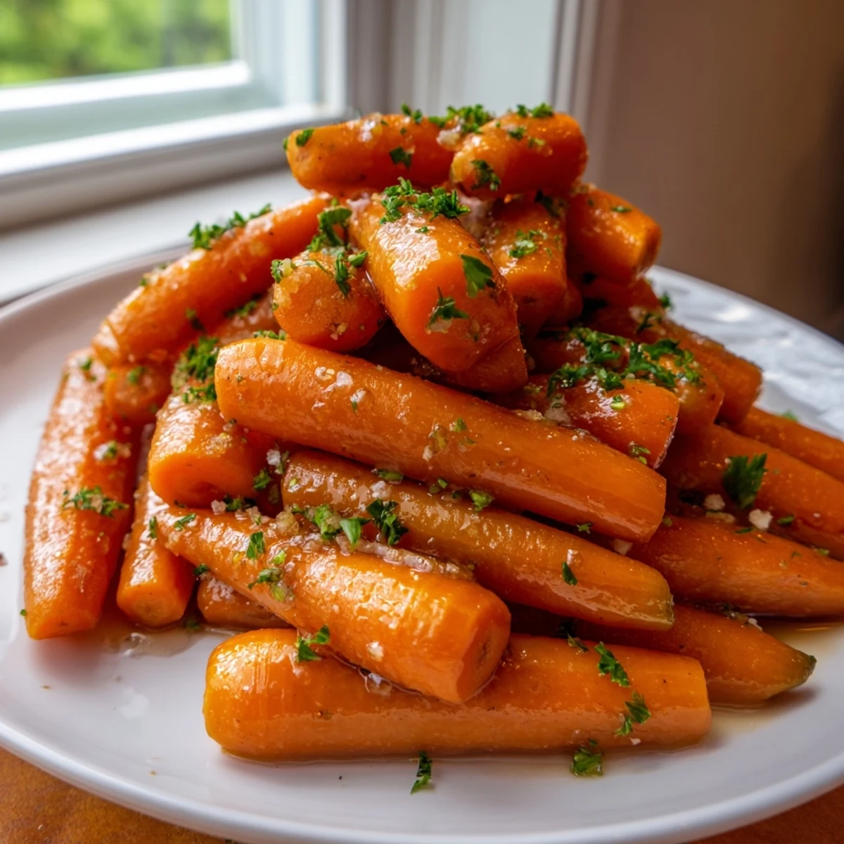Tender honey glazed carrots glistening with sweet buttery coating on a white serving plate