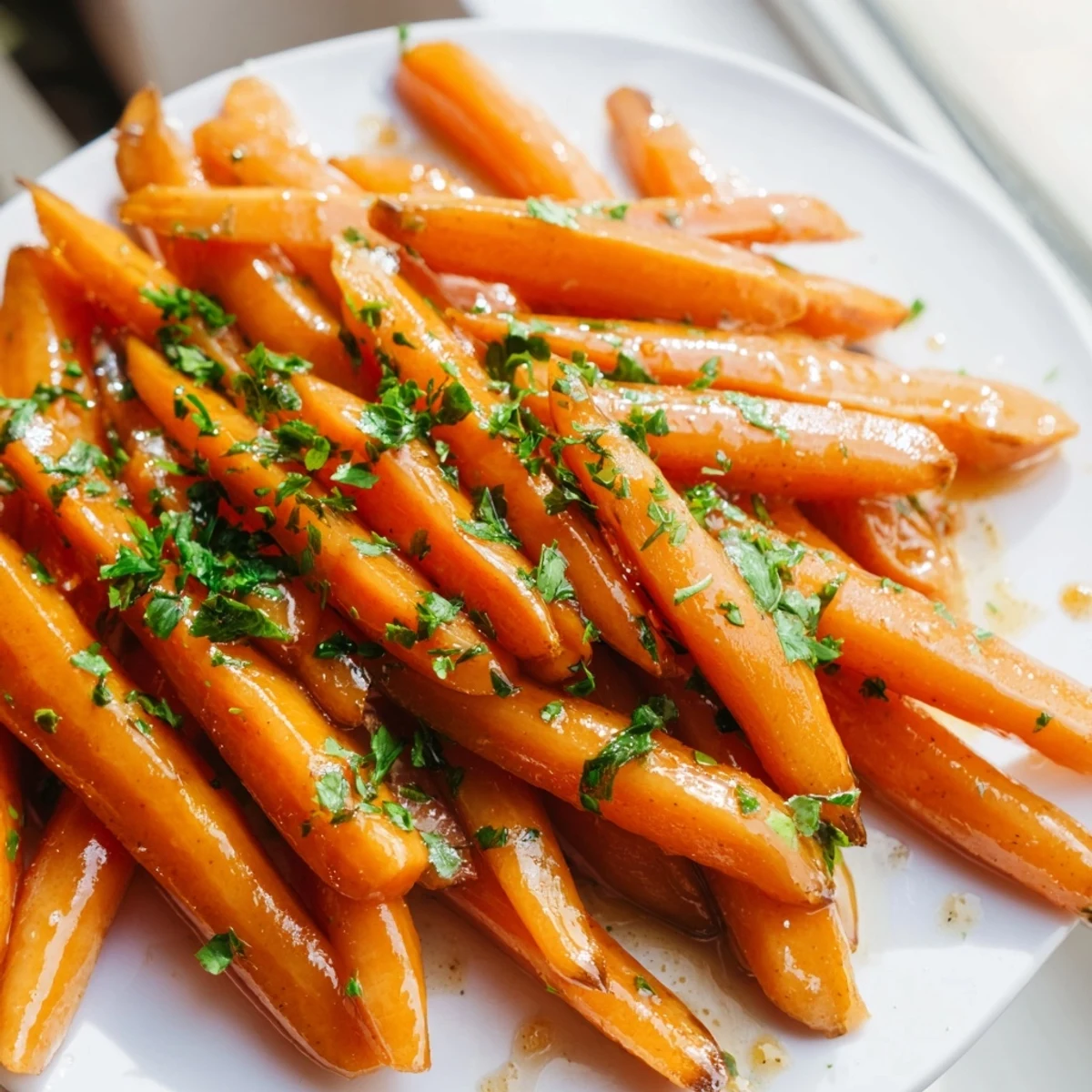 Golden caramelized honey glazed carrots garnished with fresh parsley for a delicious holiday side dish