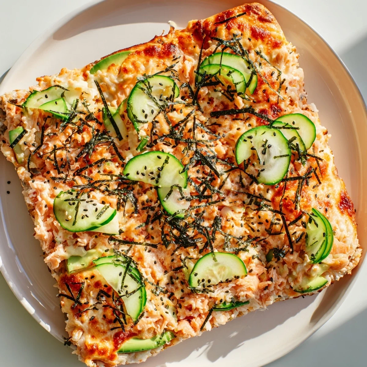 Crispy flatbread topped with creamy salmon sushi bake mixture and bubbling mozzarella cheese