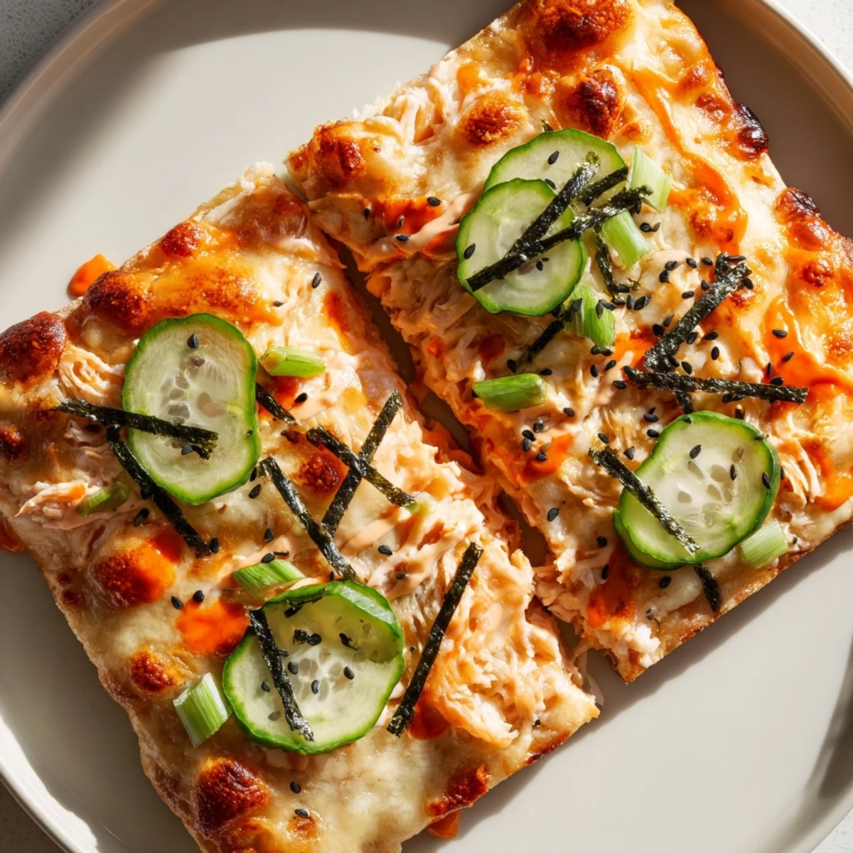 Salmon sushi bake flatbread pizza drizzled with spicy sriracha mayo and fresh avocado slices