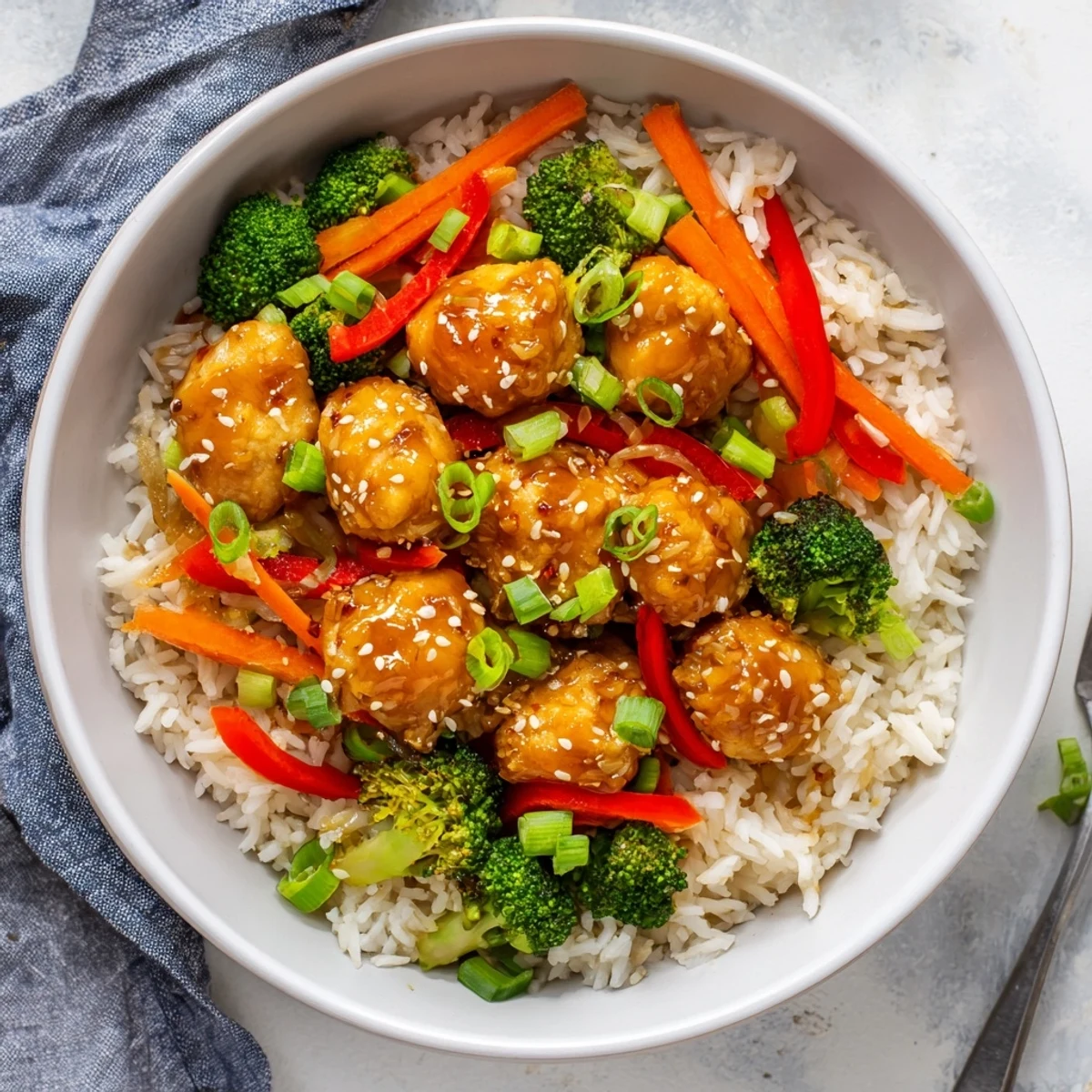 Golden orange glazed chicken pieces atop fluffy jasmine rice with steamed broccoli, carrots, and crisp bell pepper strips
