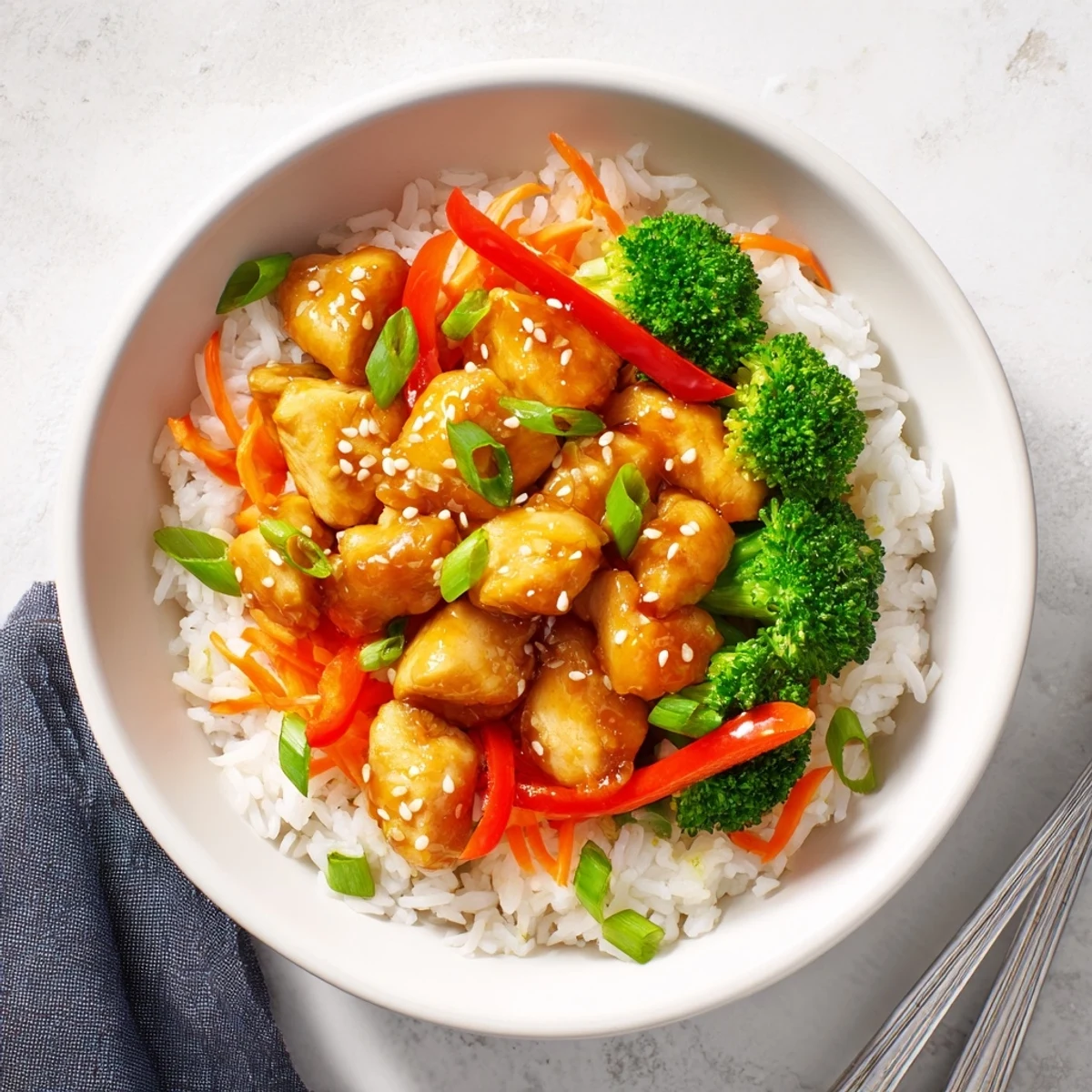 Vibrant orange glazed chicken rice bowl featuring tender glazed chicken over white rice with colorful steamed vegetables and sesame seed garnish