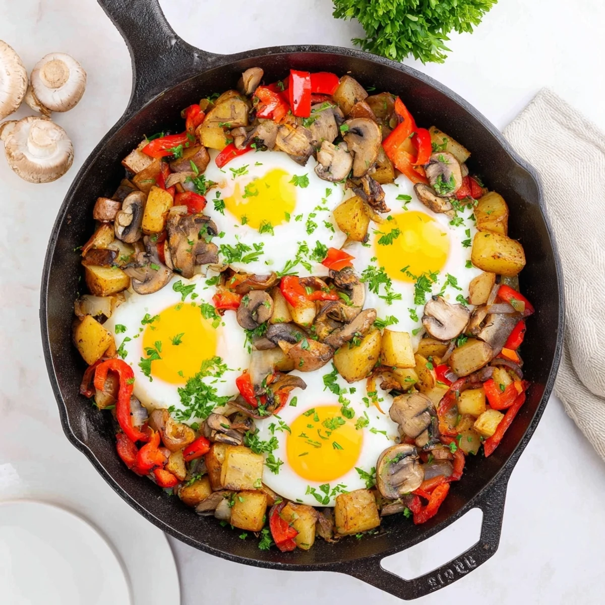 Golden skillet breakfast hash with eggs featuring crispy potatoes and colorful vegetables