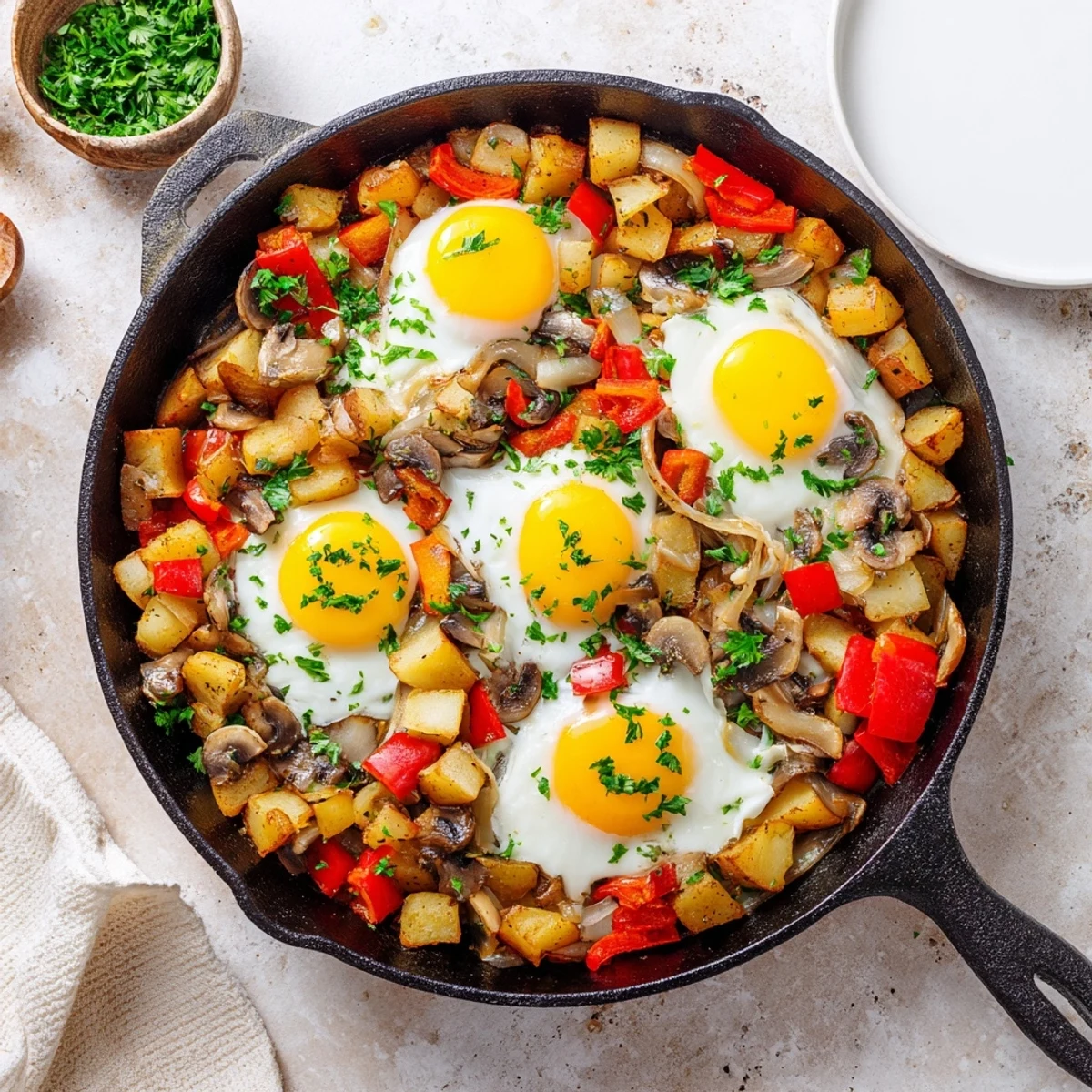 Hearty breakfast hash with eggs topped with fresh parsley in a cast iron pan