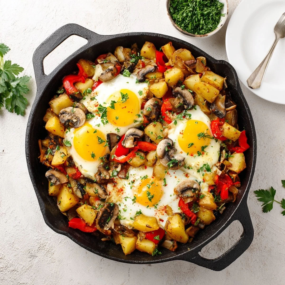 One pan breakfast hash with eggs showcasing perfectly cooked sunny side up eggs