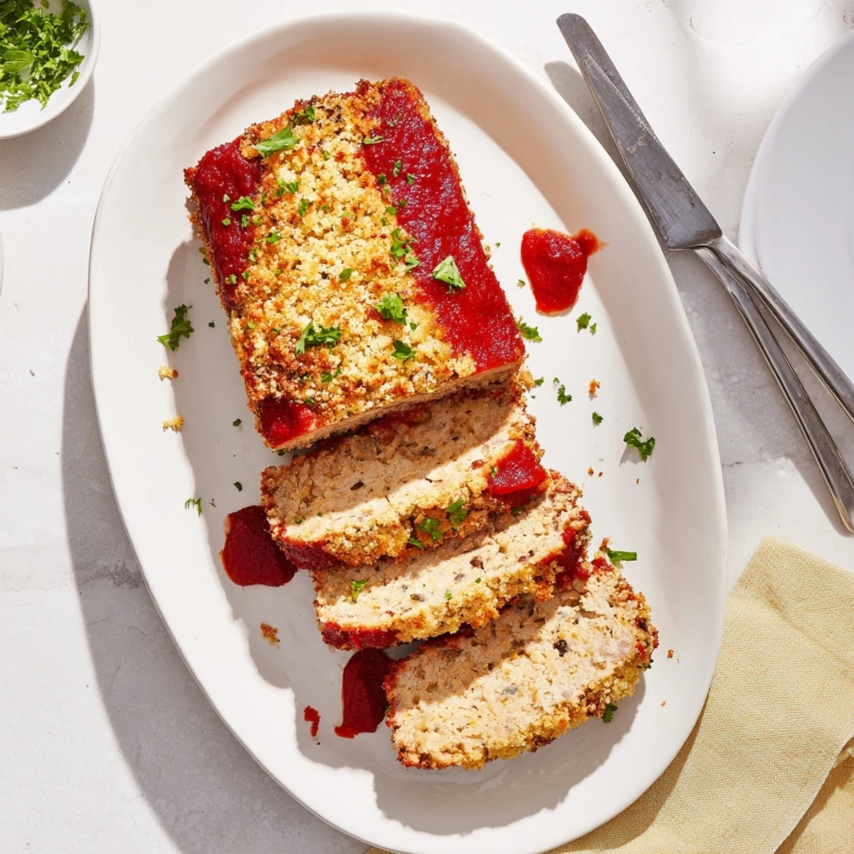Golden Parmesan crusted turkey meatloaf sliced on a white serving platter