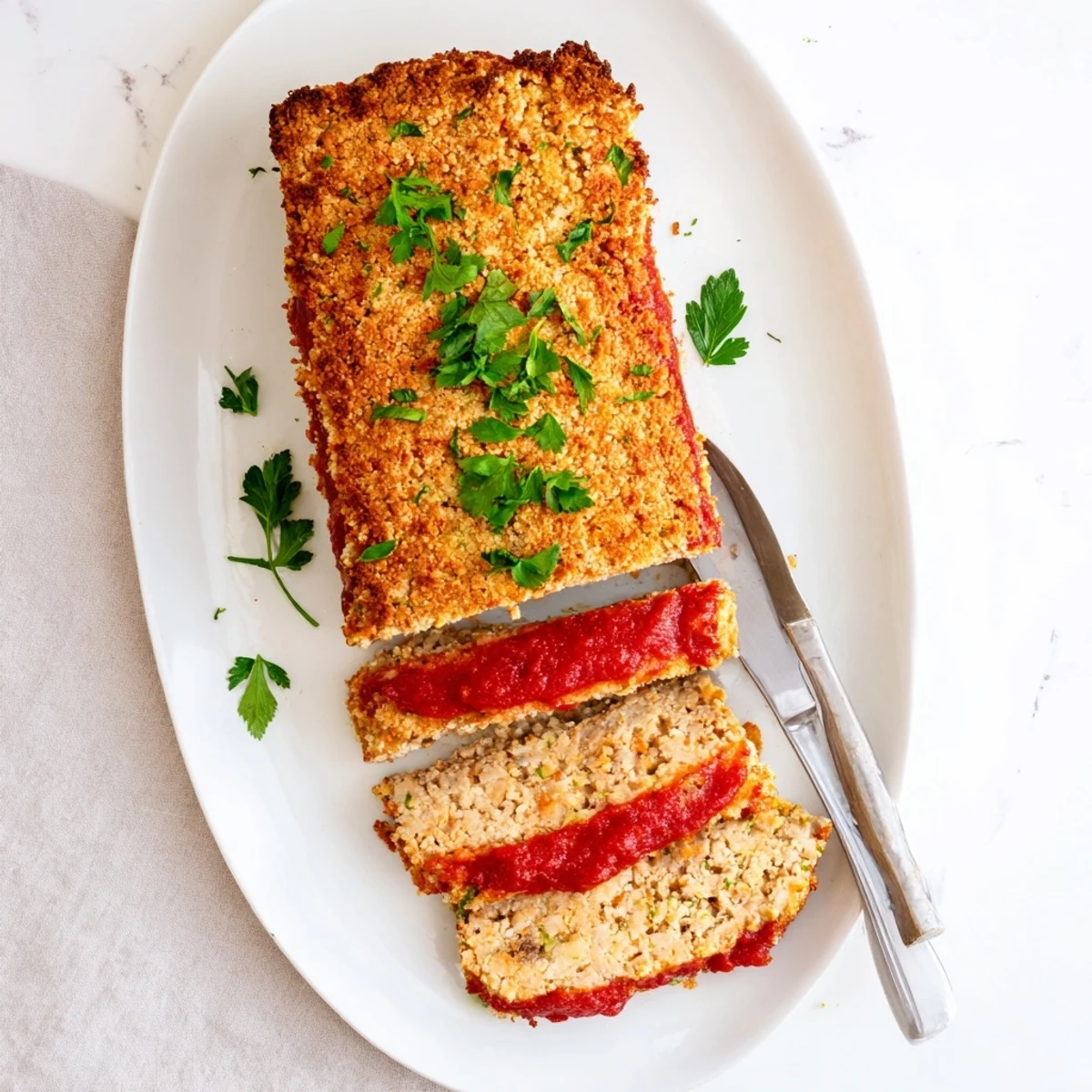 Baked turkey meatloaf with crispy cheese crust topped with fresh parsley garnish
