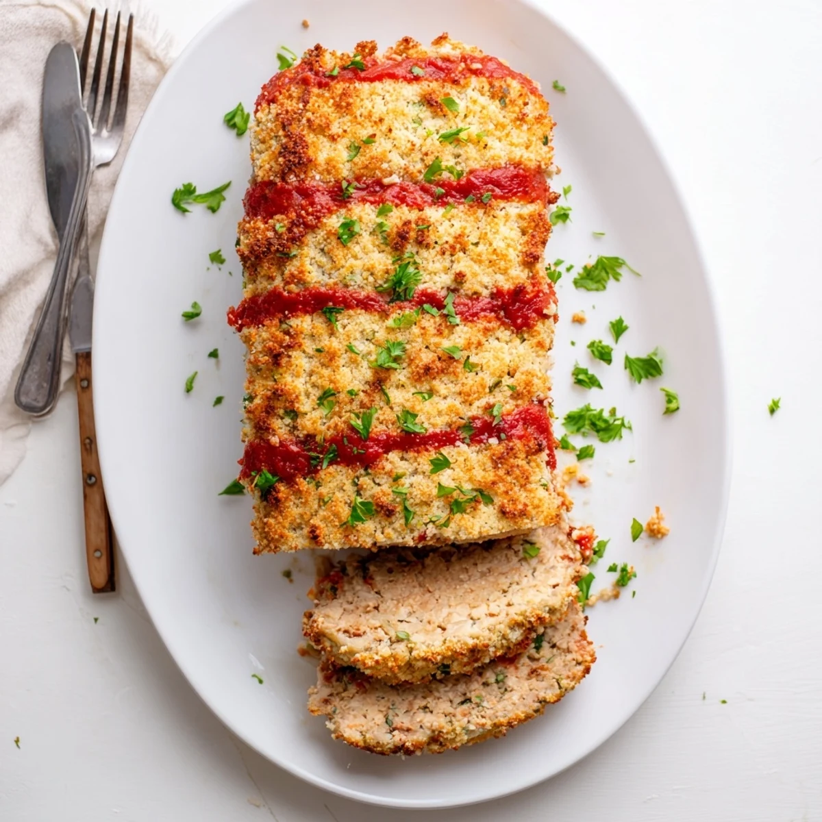 Savory Parmesan crusted turkey meatloaf served with roasted vegetables and ketchup glaze