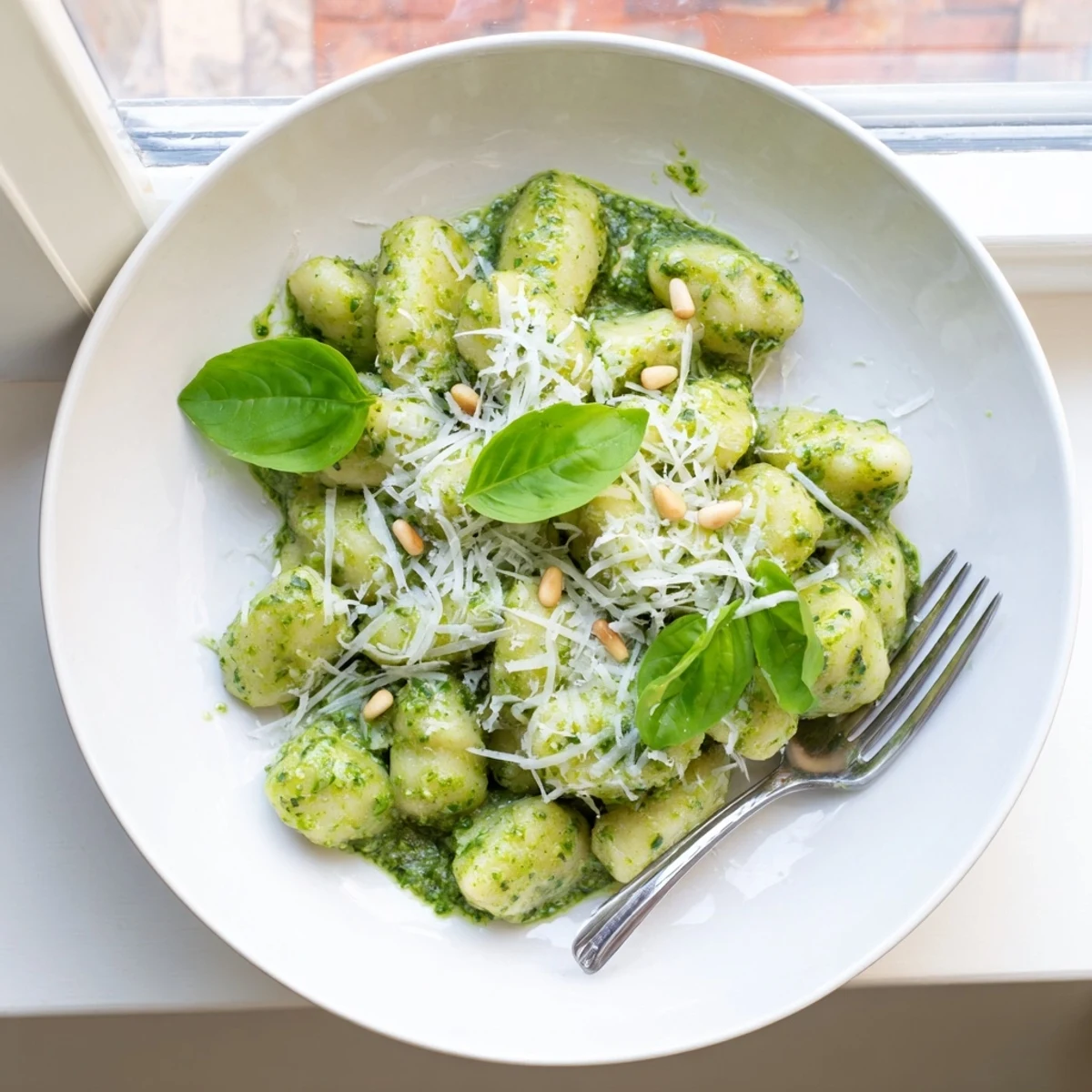 Soft potato gnocchi coated in vibrant green homemade basil pesto sauce topped with grated Parmesan