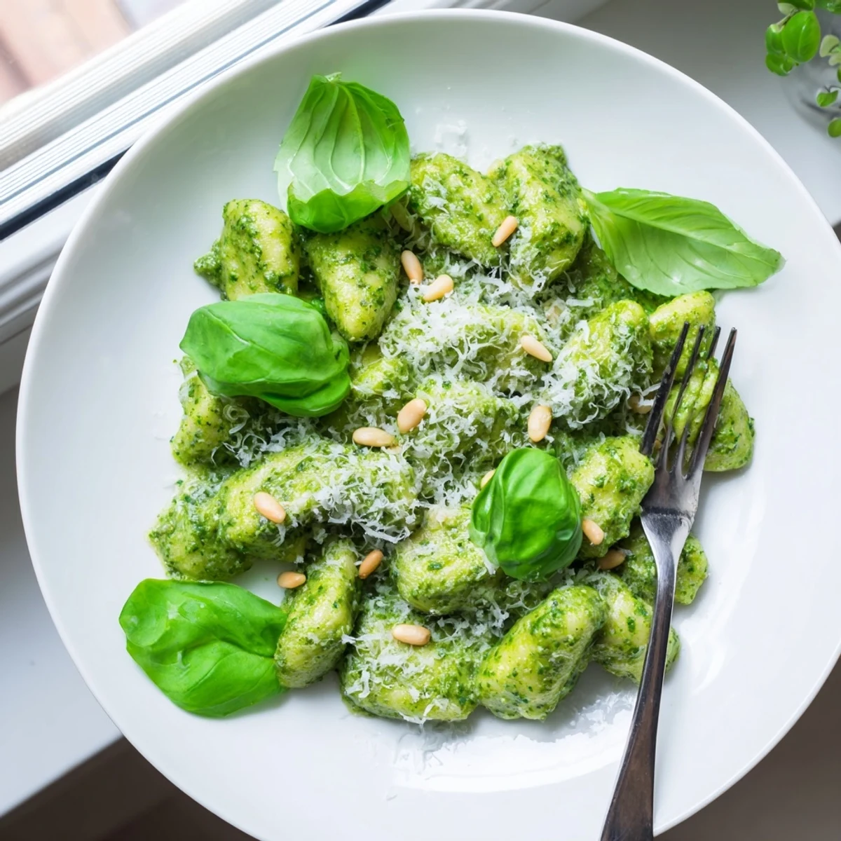 Golden pesto gnocchi in a creamy green basil sauce garnished with fresh basil leaves and pine nuts