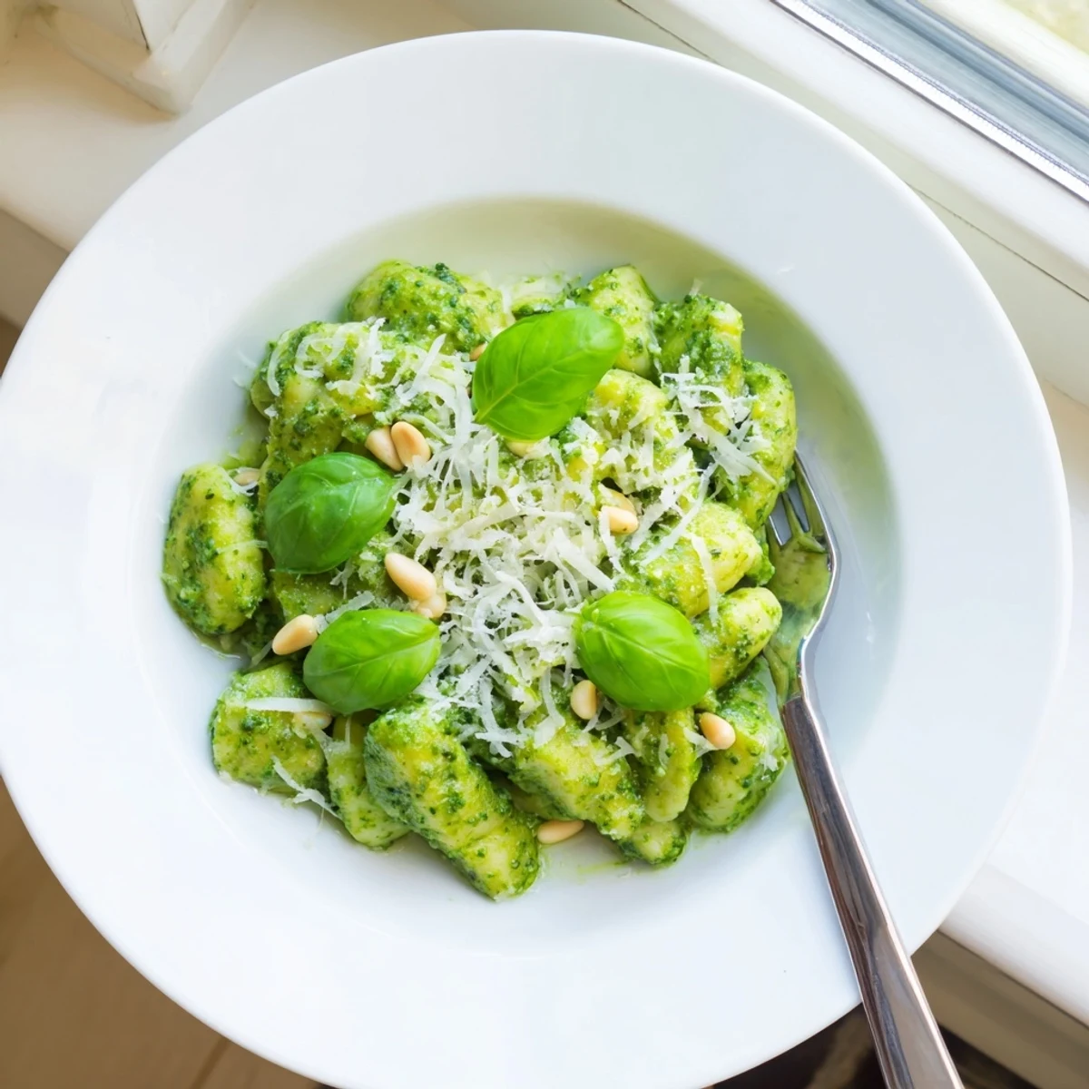 Plate of fluffy Italian potato gnocchi tossed with aromatic basil pesto and extra Parmesan cheese shavings