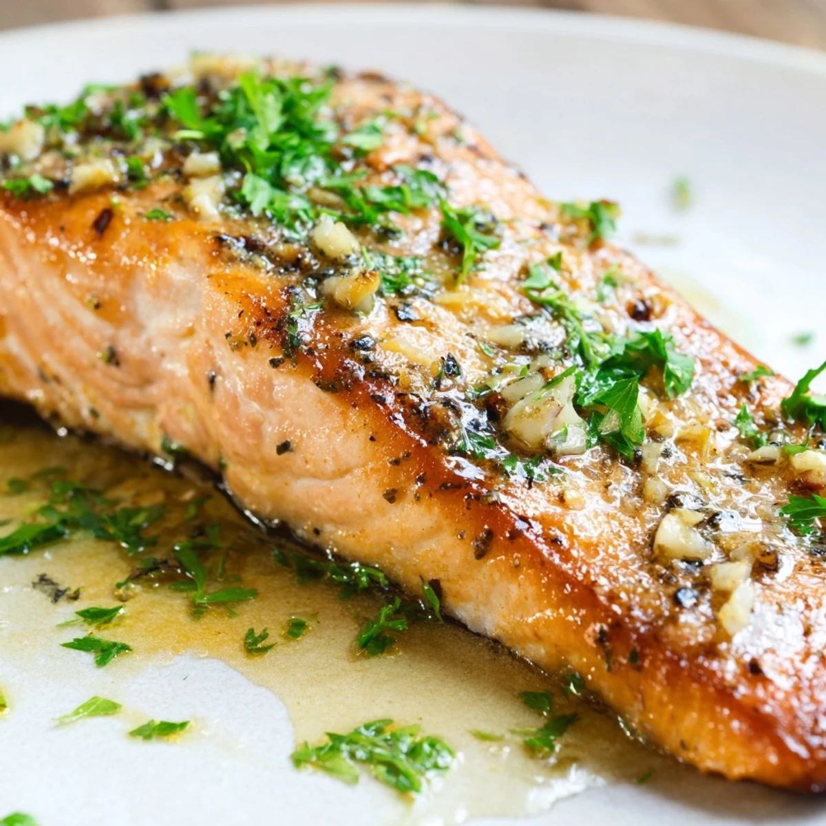 Golden pan seared salmon with garlic butter sauce drizzled over crispy skin