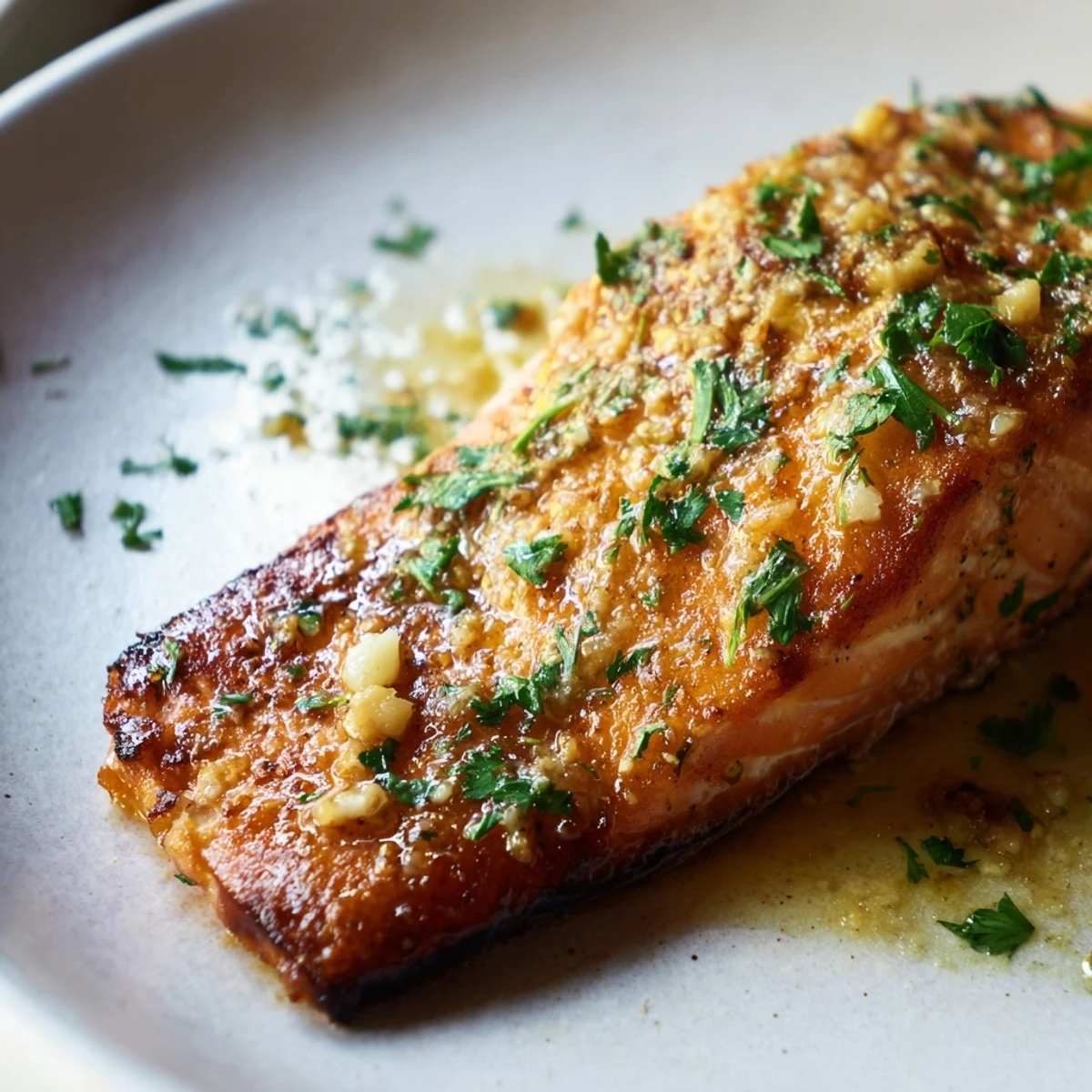 Crispy pan seared salmon fillets swimming in rich garlic butter with fresh parsley